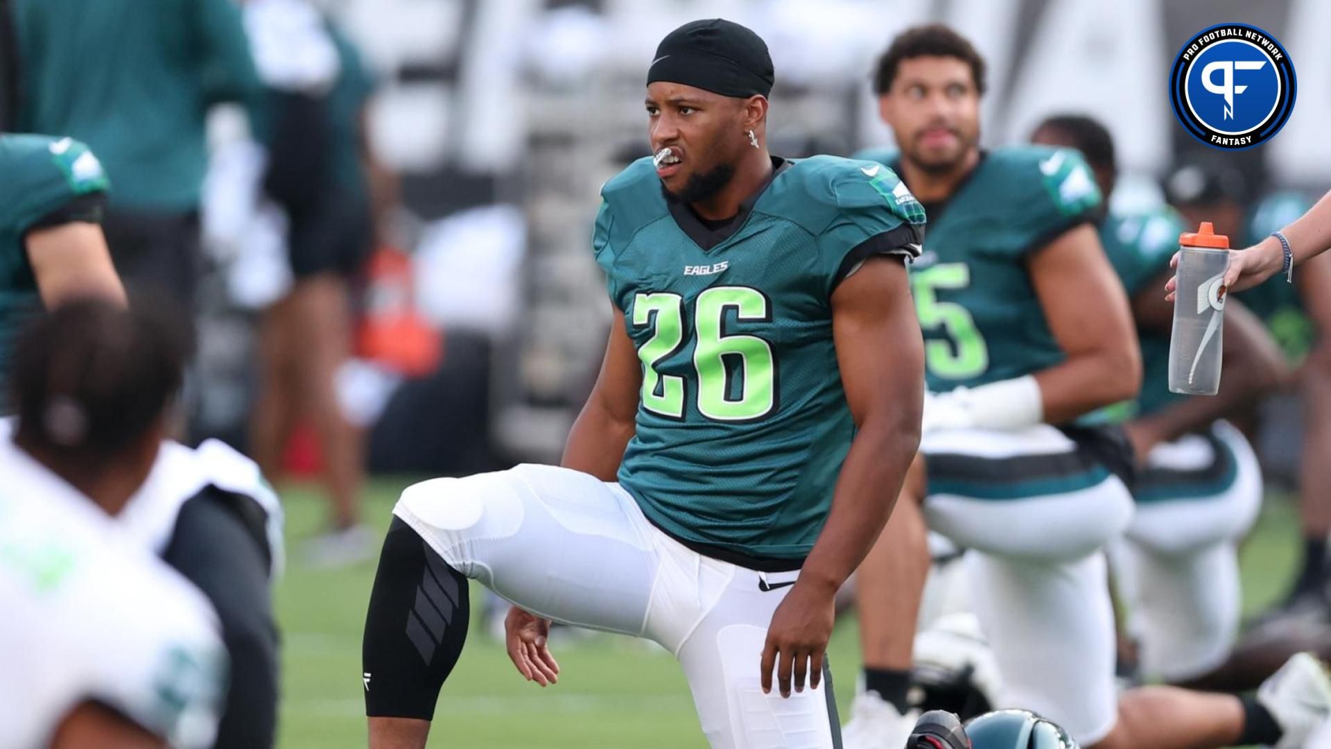 Philadelphia Eagles running back Saquon Barkley (26) stretches during practice at Lincoln Financial Field. Mandatory Credit: Bill Streicher-USA TODAY Sports