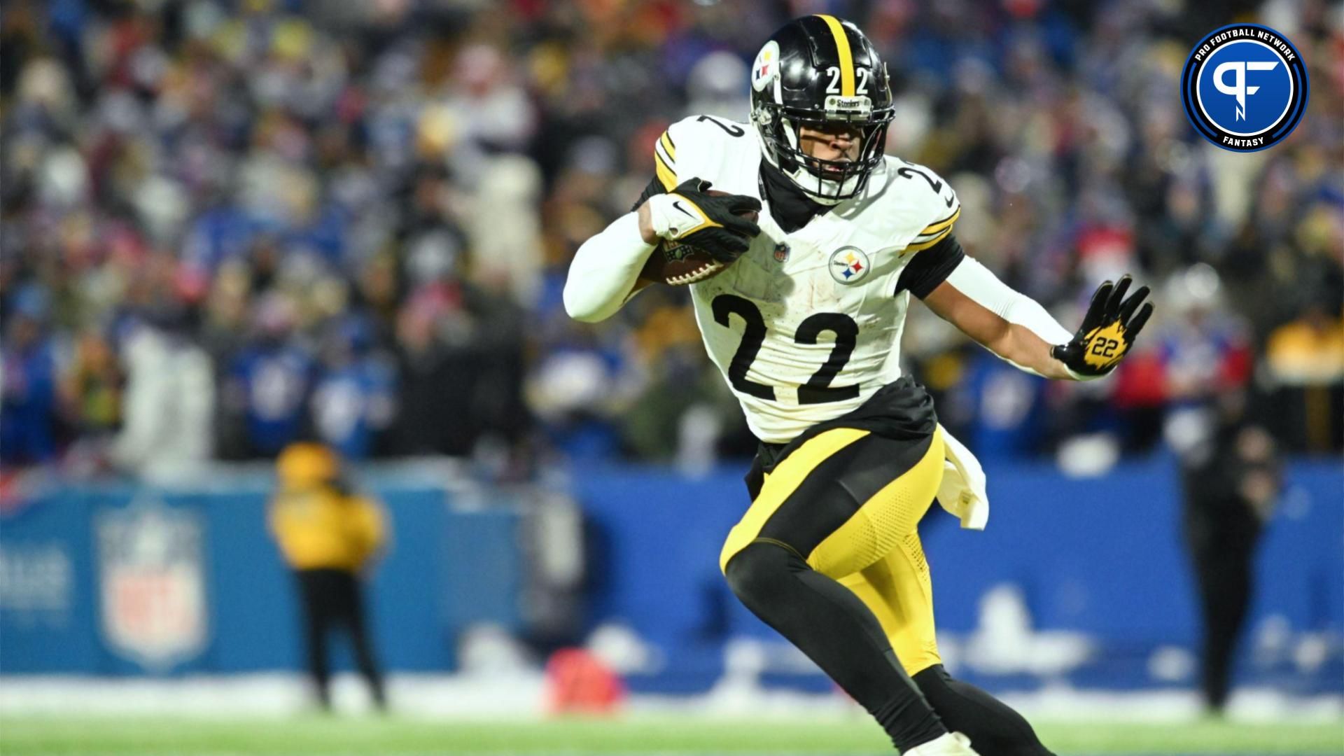 Pittsburgh Steelers running back Najee Harris (22) runs the ball in the first half against the Buffalo Bills in a 2024 AFC wild card game at Highmark Stadium. Mandatory Credit: Mark Konezny-USA TODAY Sports