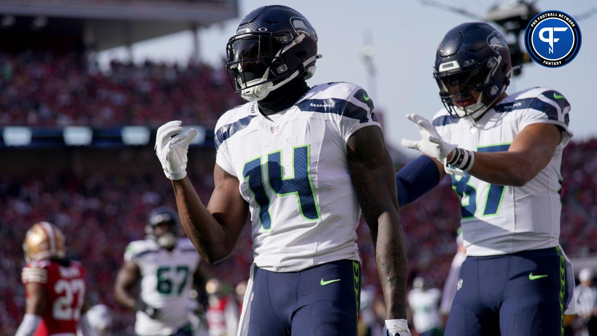 Seattle Seahawks wide receiver DK Metcalf (14) reacts after catching a touchdown against the San Francisco 49ers in the first quarter at Levi's Stadium. Mandatory Credit: Cary Edmondson-USA TODAY Sports