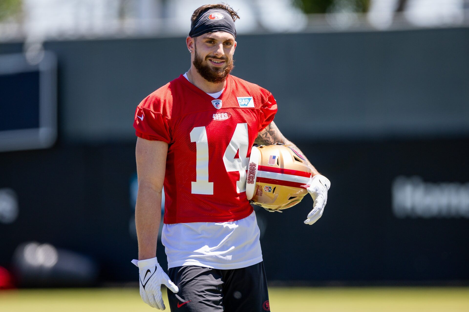 San Francisco 49ers wide receiver Ricky Pearsall (14) smiles during the 49ers rookie minicamp at LeviÕs Stadium in Santa Clara, CA. Mandatory Credit: Robert Kupbens-USA TODAY Sports