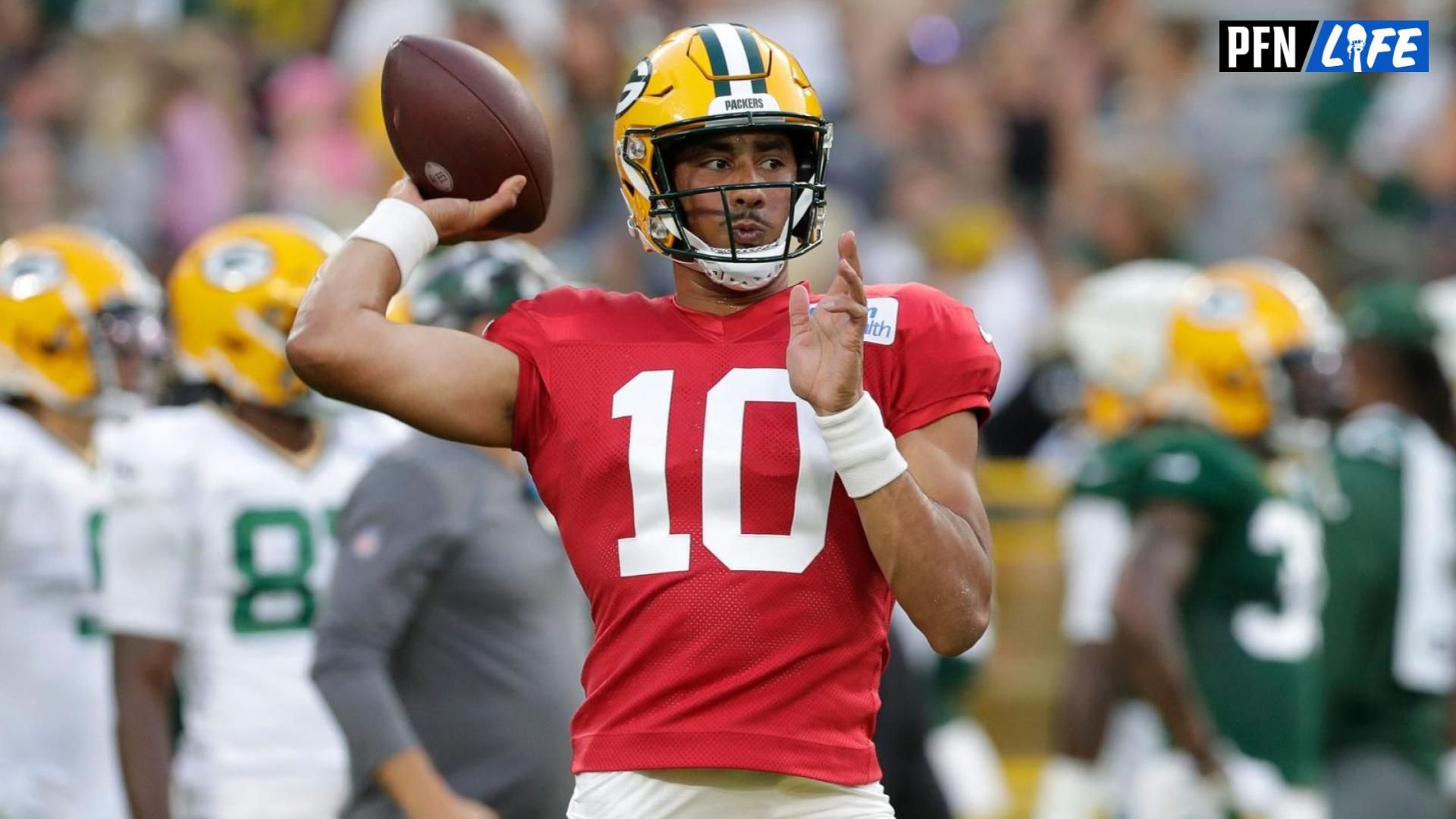 Green Bay Packers quarterback Jordan Love (10) throws a pass during Family Night on Aug. 5, 2023, at Lambeau Field in Green Bay, Wis.