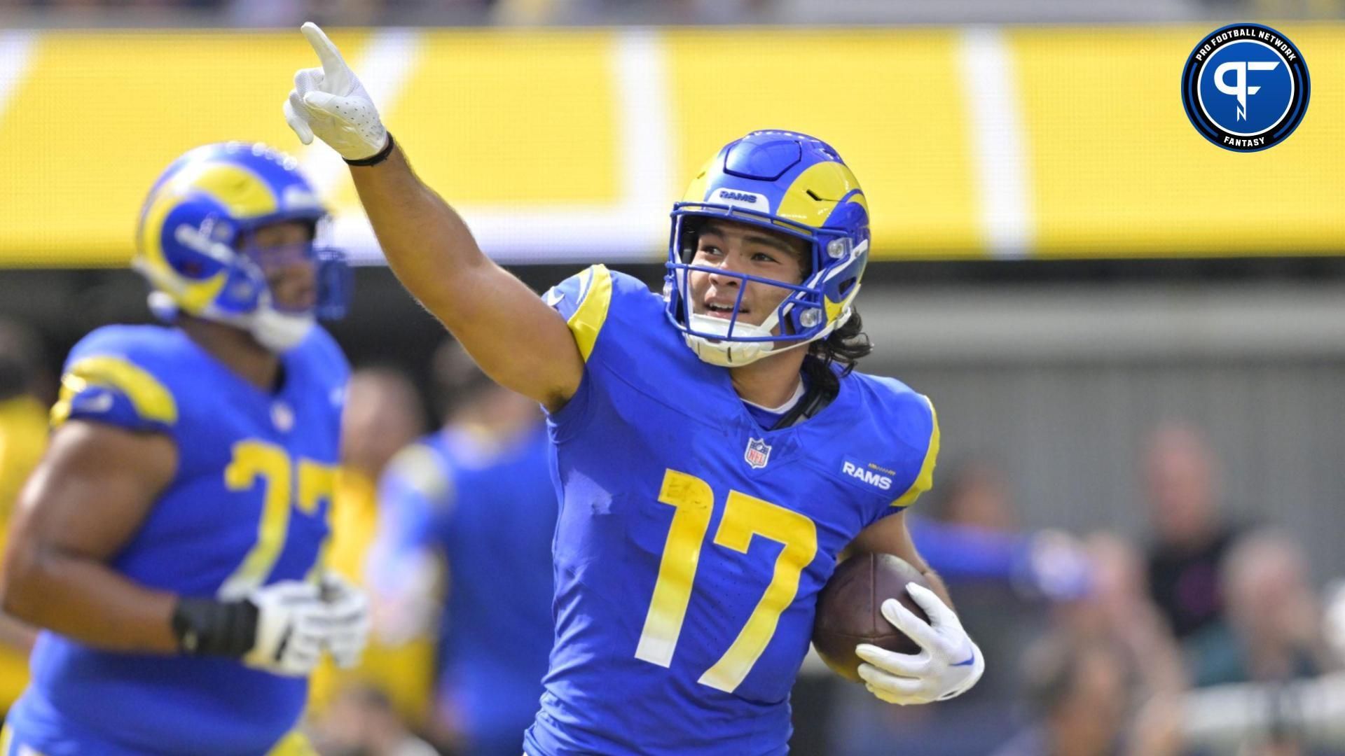 Los Angeles Rams wide receiver Puka Nacua (17) celebrates after scoring a touchdown in the first half against the Philadelphia Eagles at SoFi Stadium.