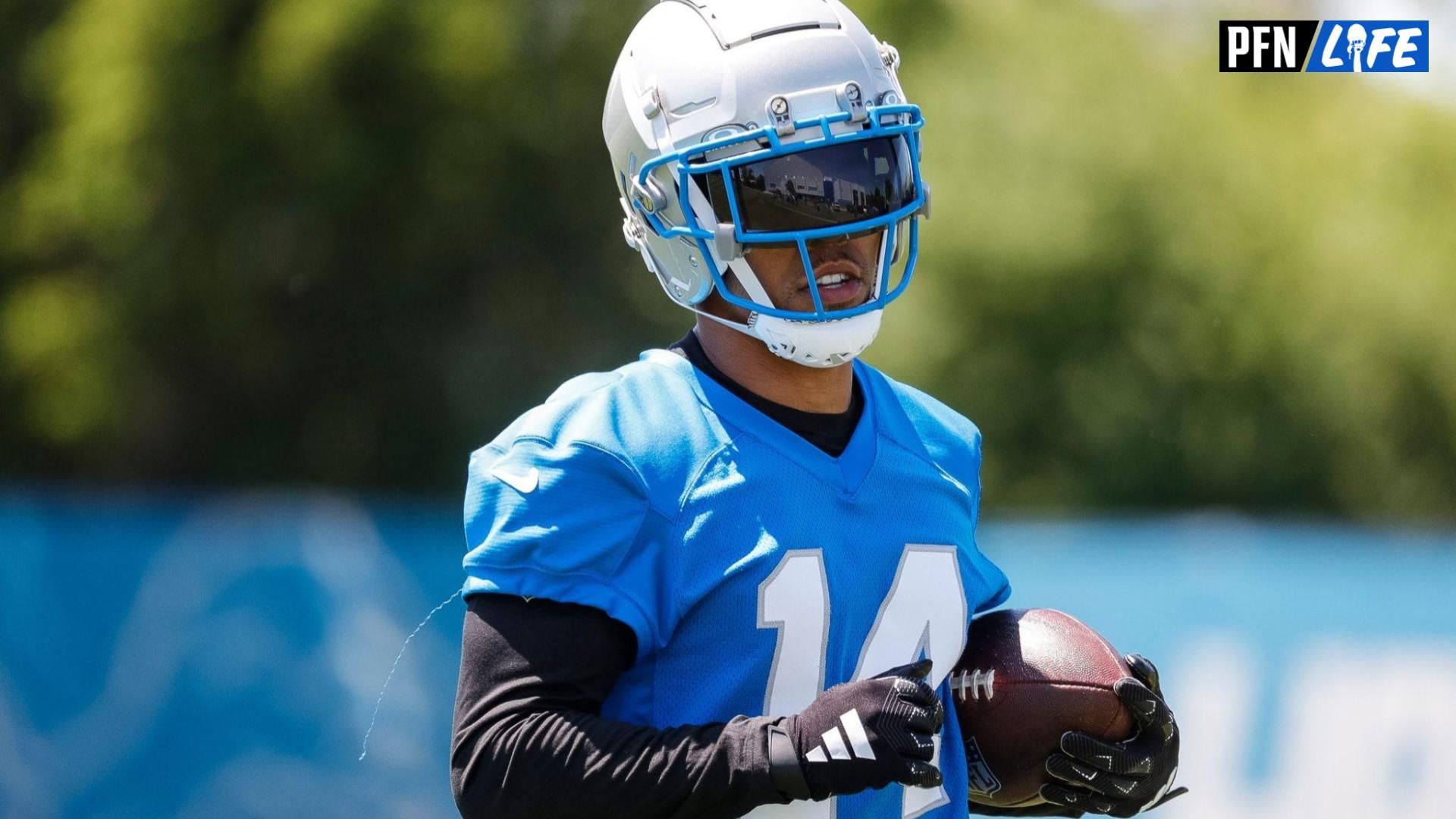 Detroit Lions wide receiver Amon-Ra St. Brown (14) during practice during OTAs at Detroit Lions headquarters and training facility in Allen Park on Thursday, May 30, 2024.