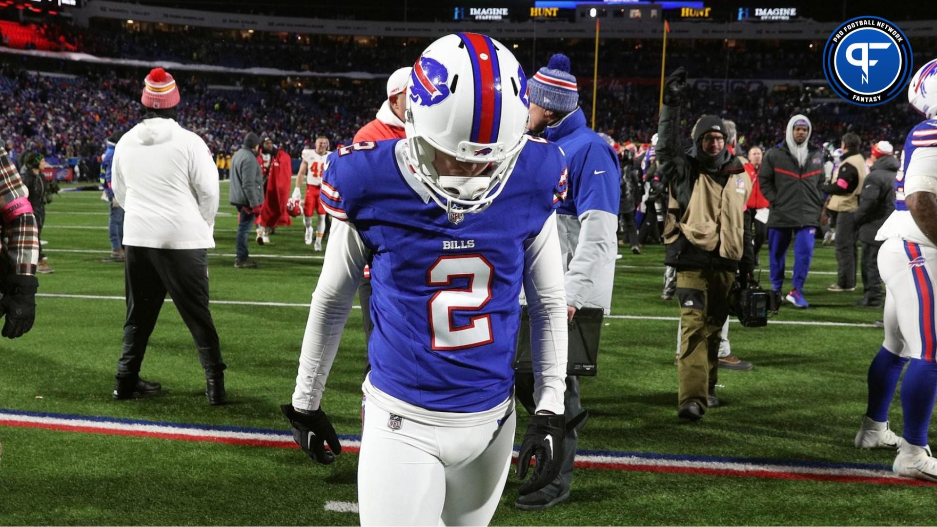 Buffalo Bills place kicker Tyler Bass (2) walks off the field after missing what would have been a game tying field goal in a 27-24 loss to the Chiefs in the divisional round. Where does he land among our kicker streamers and rankings?