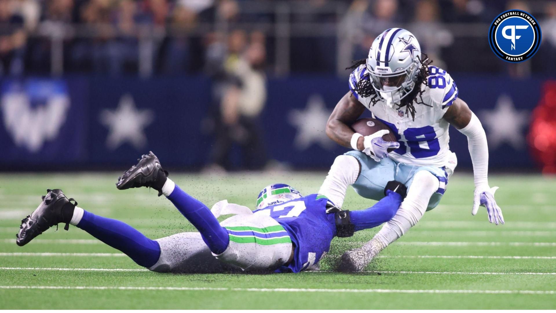 Dallas Cowboys wide receiver CeeDee Lamb (88) is tackled by Seattle Seahawks cornerback Riq Woolen (27) during the second half at AT&T Stadium. Where.does Seattle land in our defense streamers and rankings?