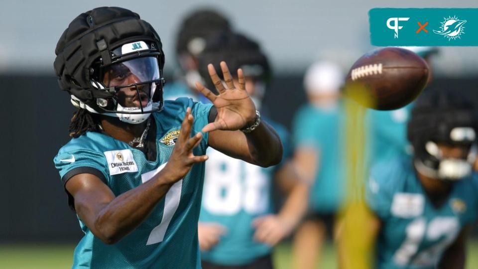 Jacksonville Jaguars wide receiver Brian Thomas Jr. (7) pulls in a pass on the fifth day of the NFL football training camp practice session Monday, July 29, 2024 at EverBank Stadium's Miller Electric Center in Jacksonville, Fla.. Could the Miami Dolphins have drafted him in April?