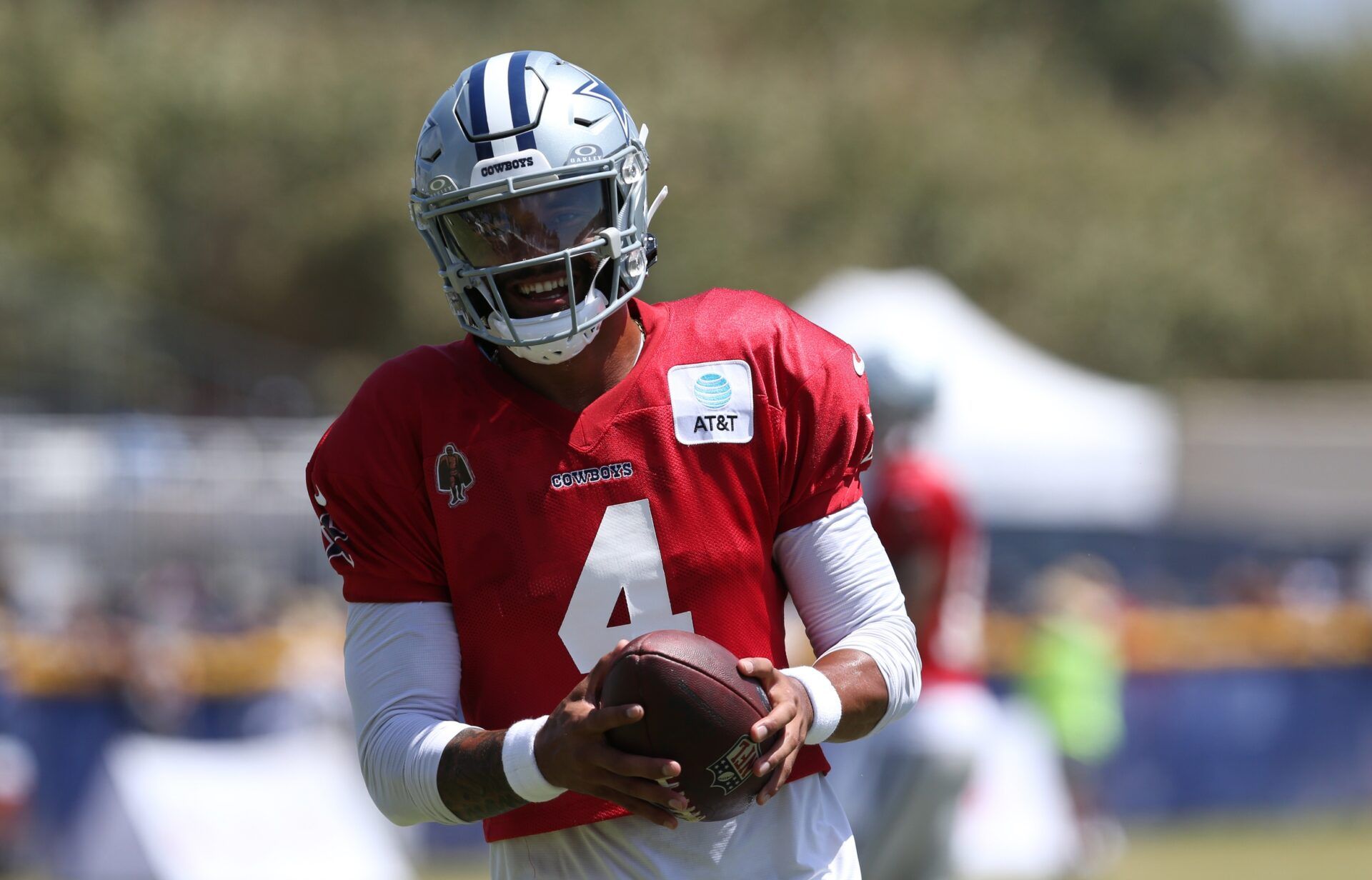 Dallas Cowboys quarterback Dak Prescott (4) during training camp at the River Ridge Playing Fields in Oxnard, California. Mandatory Credit: Jason Parkhurst-USA TODAY Sports