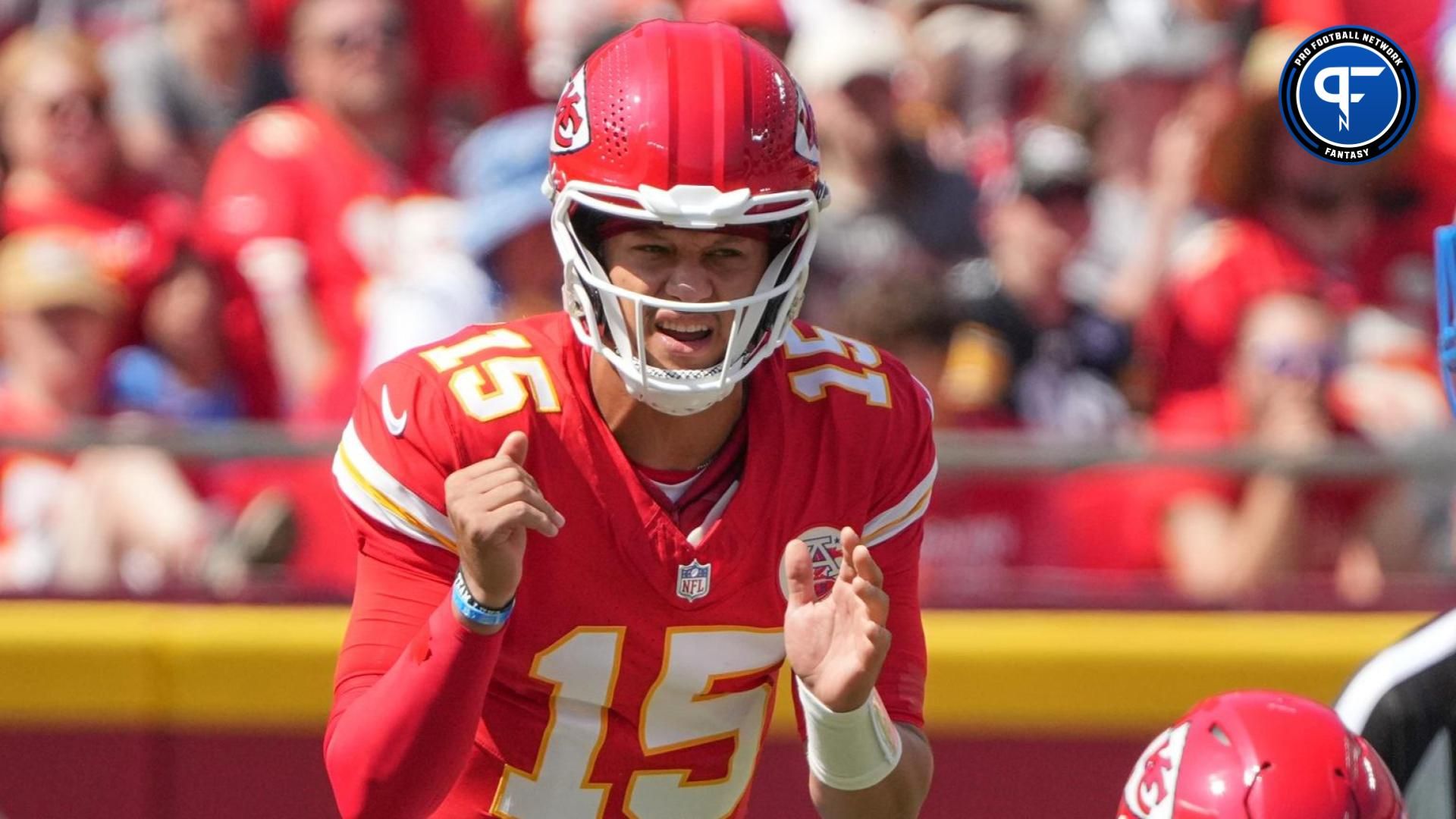 Kansas City Chiefs quarterback Patrick Mahomes (15) readies for the snap against the Detroit Lions during the game at GEHA Field at Arrowhead Stadium. Mandatory Credit: Denny Medley-USA TODAY Sports