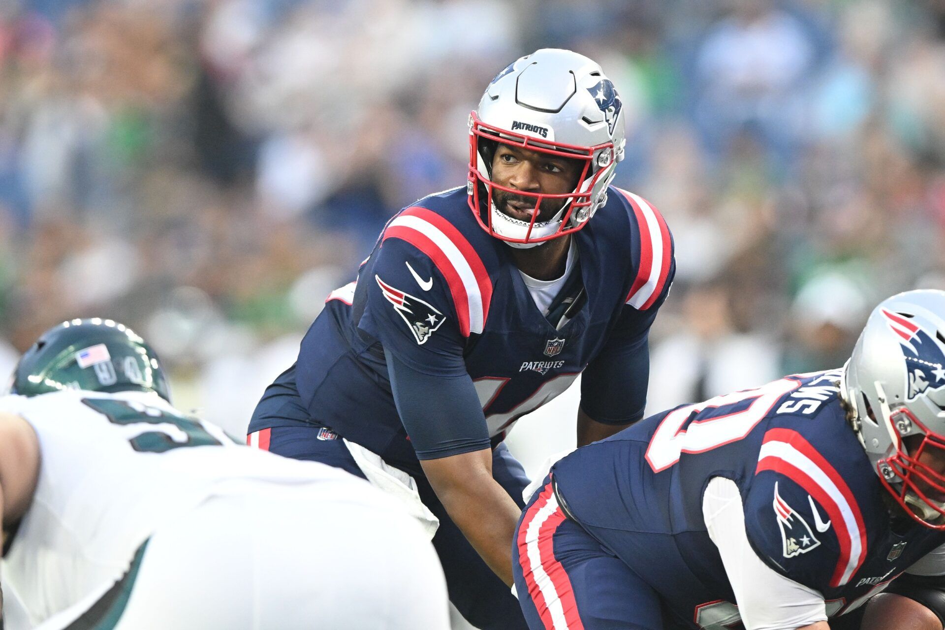 New England Patriots quarterback Jacoby Brissett (13) waits for the snap against the Philadelphia Eagles during the first half at Gillette Stadium. Mandatory Credit: Brian Fluharty-USA TODAY Sports