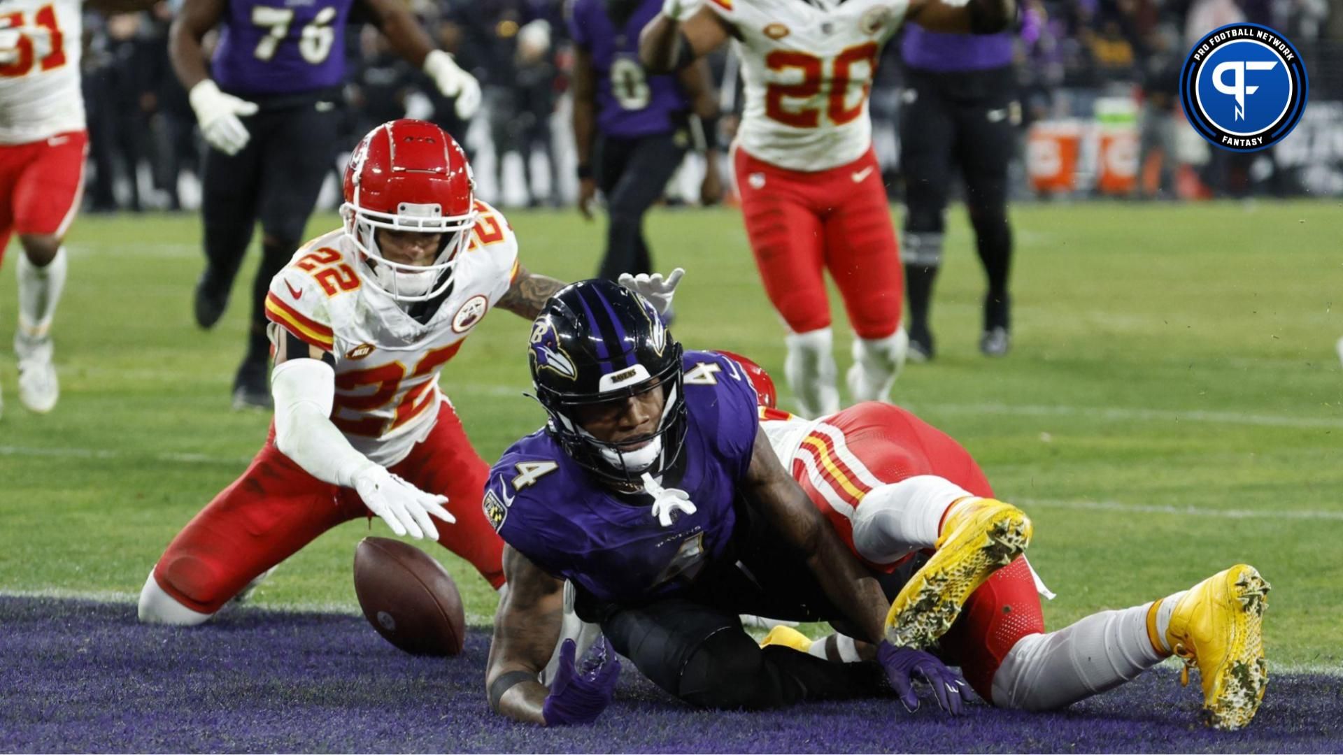 Kansas City Chiefs cornerback Trent McDuffie (22) recovers a fumble into the end zone by Baltimore Ravens wide receiver Zay Flowers (4) in the AFC Championship football game at M&T Bank Stadium. Does he get the green light in our TNF Start/Sit?