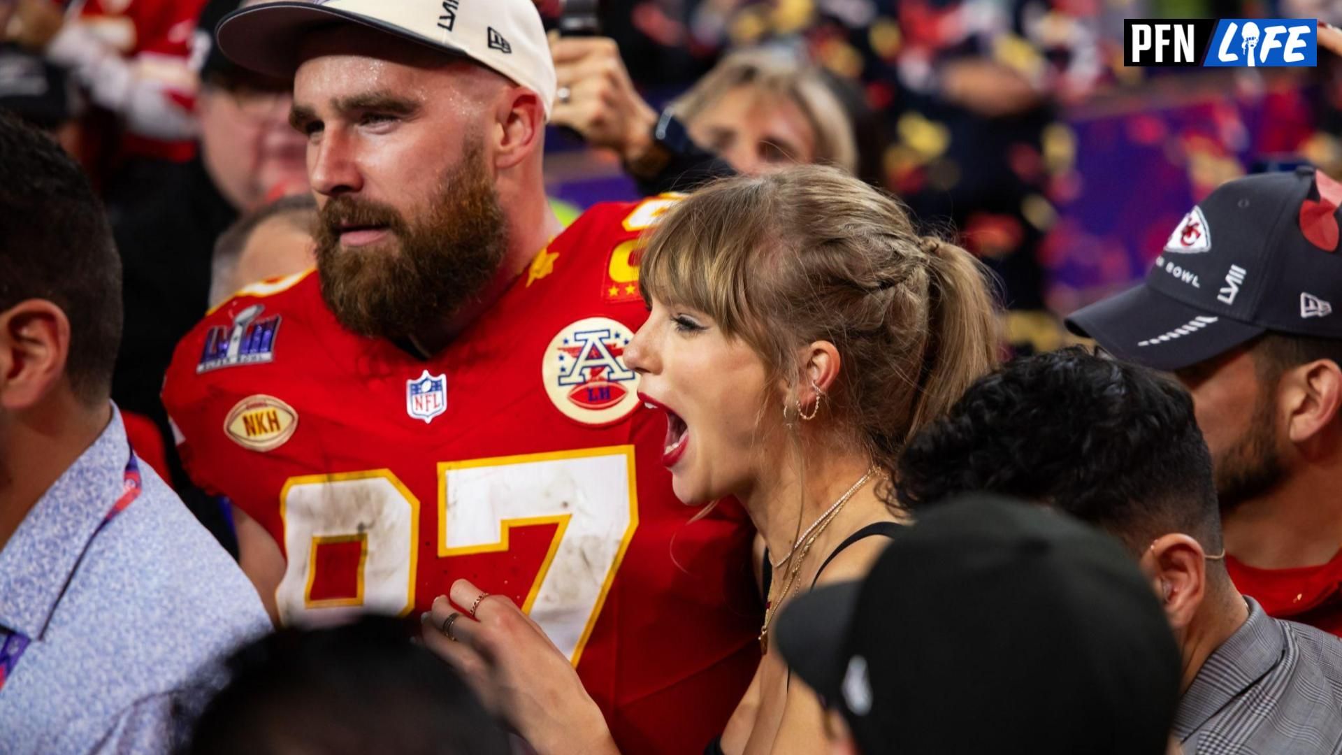 Kansas City Chiefs tight end Travis Kelce (87) celebrates with girlfriend Taylor Swift after defeating the San Francisco 49ers in Super Bowl LVIII at Allegiant Stadium.