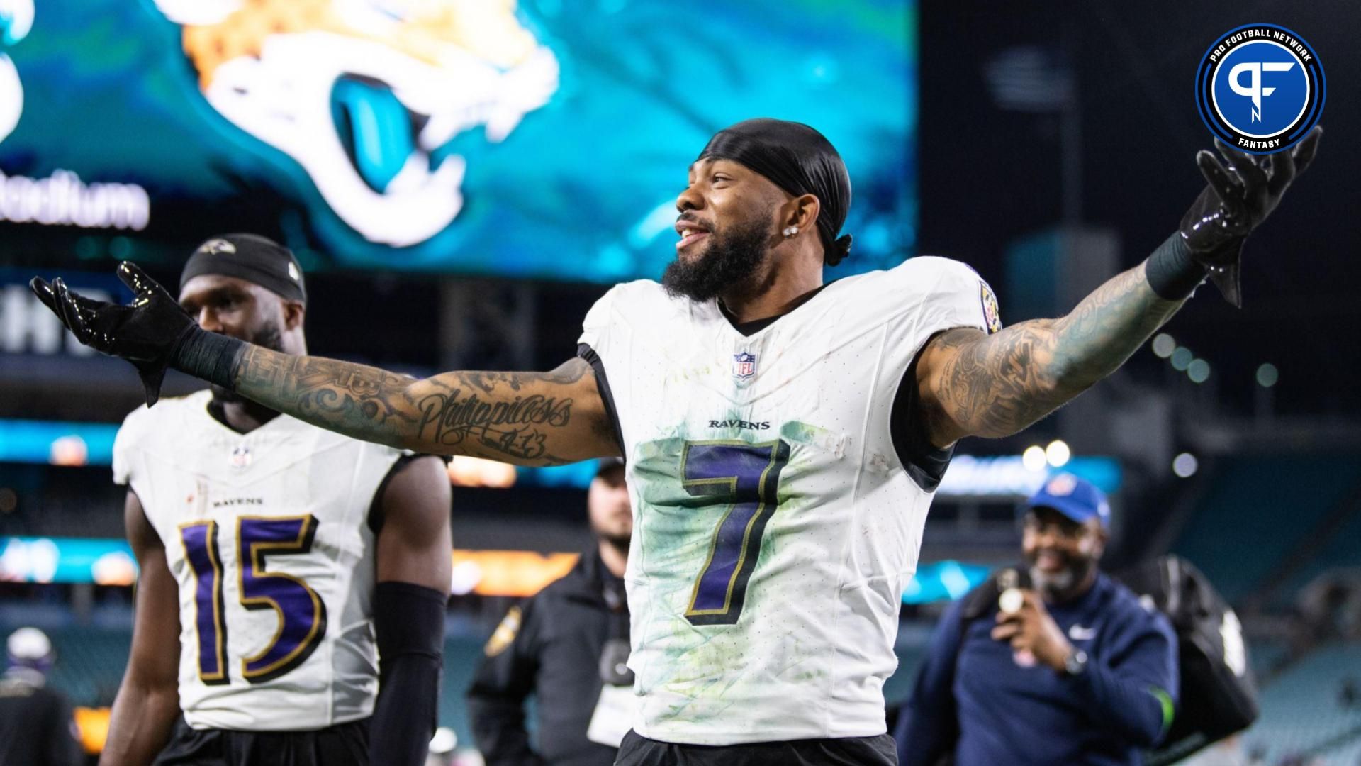 Baltimore Ravens wide receiver Rashod Bateman (7) celebrates after the game against the Jacksonville Jaguars at EverBank Stadium. Mandatory Credit: Jeremy Reper-Imagn Images