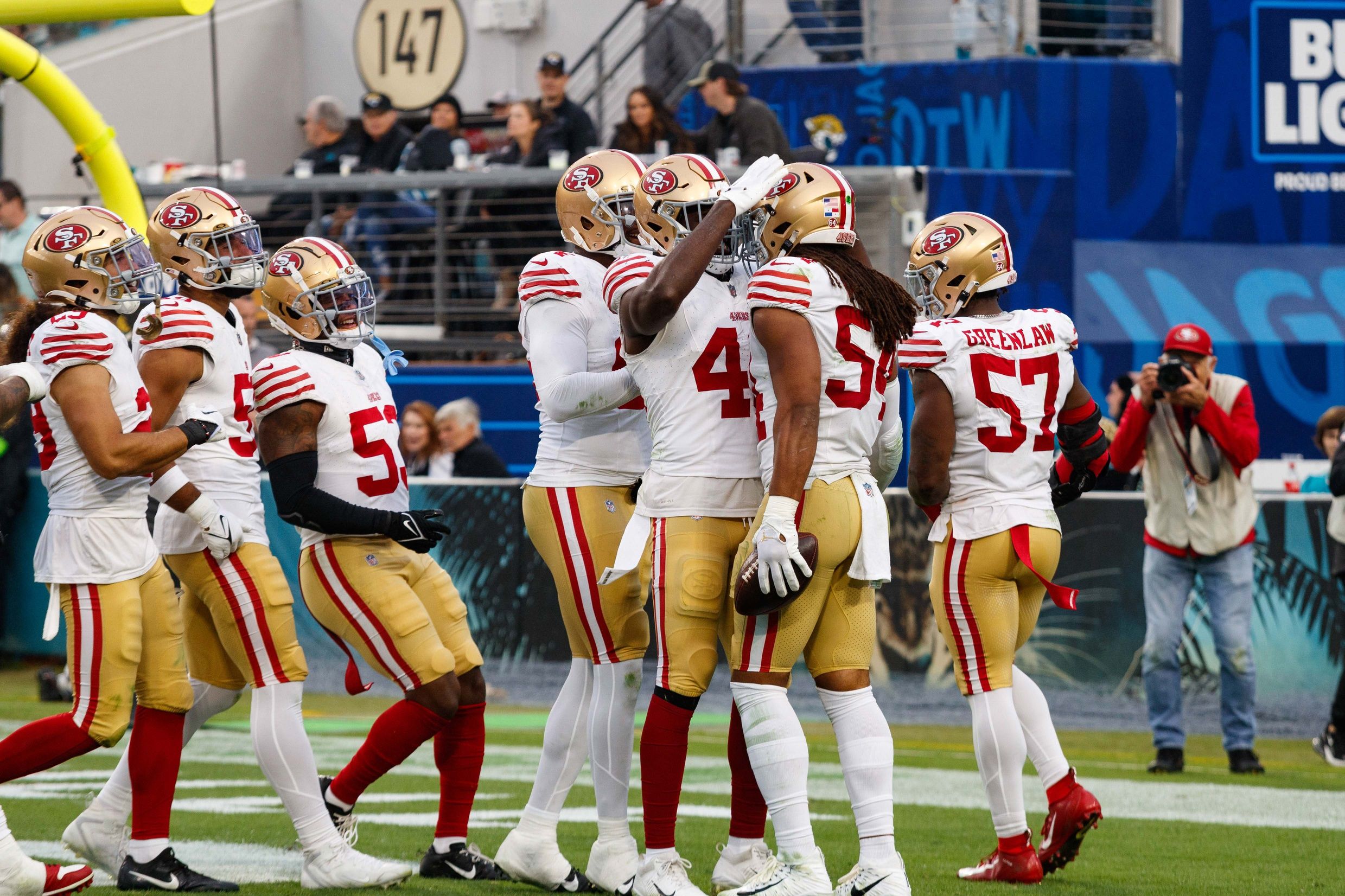 San Francisco 49ers linebacker Fred Warner (54) and defensive line celebrate an interception against the Jacksonville Jaguars during the fourth quarter at EverBank Stadium. Mandatory Credit: Morgan Tencza-USA TODAY Sports