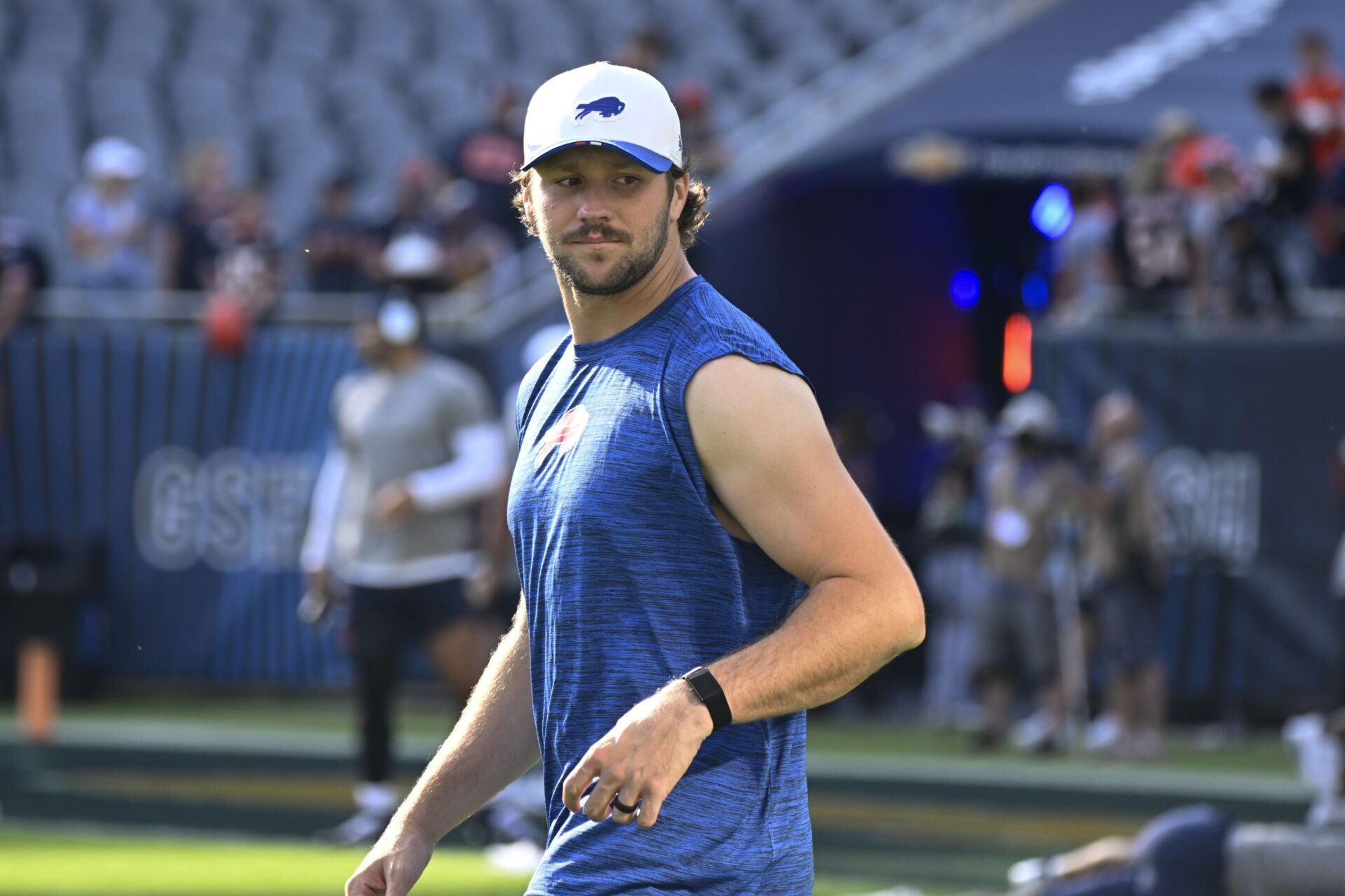 Buffalo Bills quarterback Josh Allen (17) is seen during warmups before the pre-season game against the Chicago Bears at Soldier Field.