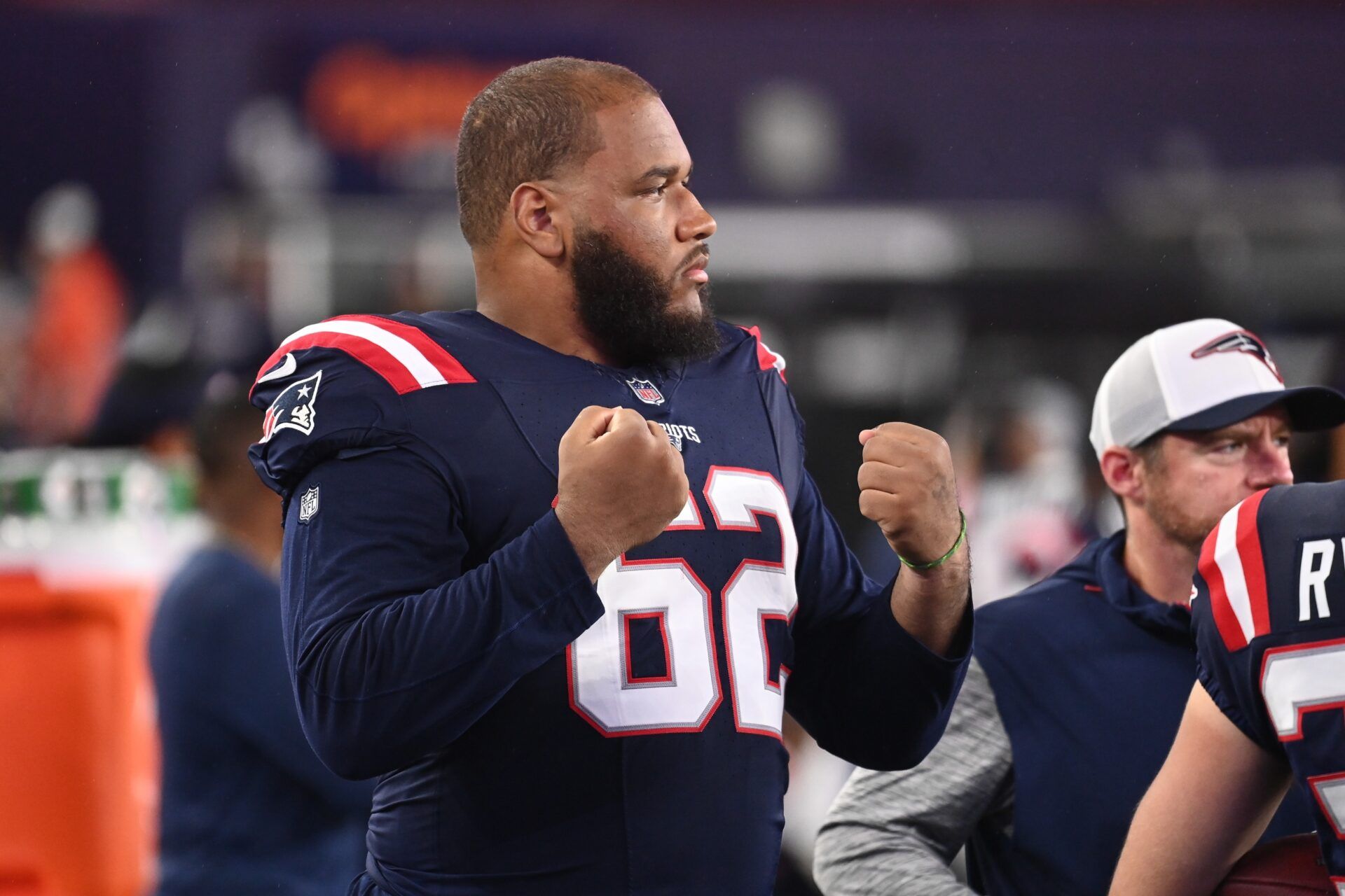 New England Patriots guard Sidy Sow (62) reacts to the action on the field during the first half against the Carolina Panthers at Gillette Stadium. Mandatory Credit: Eric Canha-USA TODAY Sports