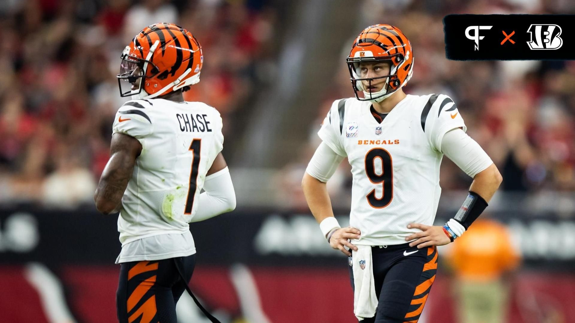 Cincinnati Bengals quarterback Joe Burrow (9) and wide receiver Ja'Marr Chase (1) against the Arizona Cardinals in the second half at State Farm Stadium. Mandatory Credit: Mark J. Rebilas-Imagn Images