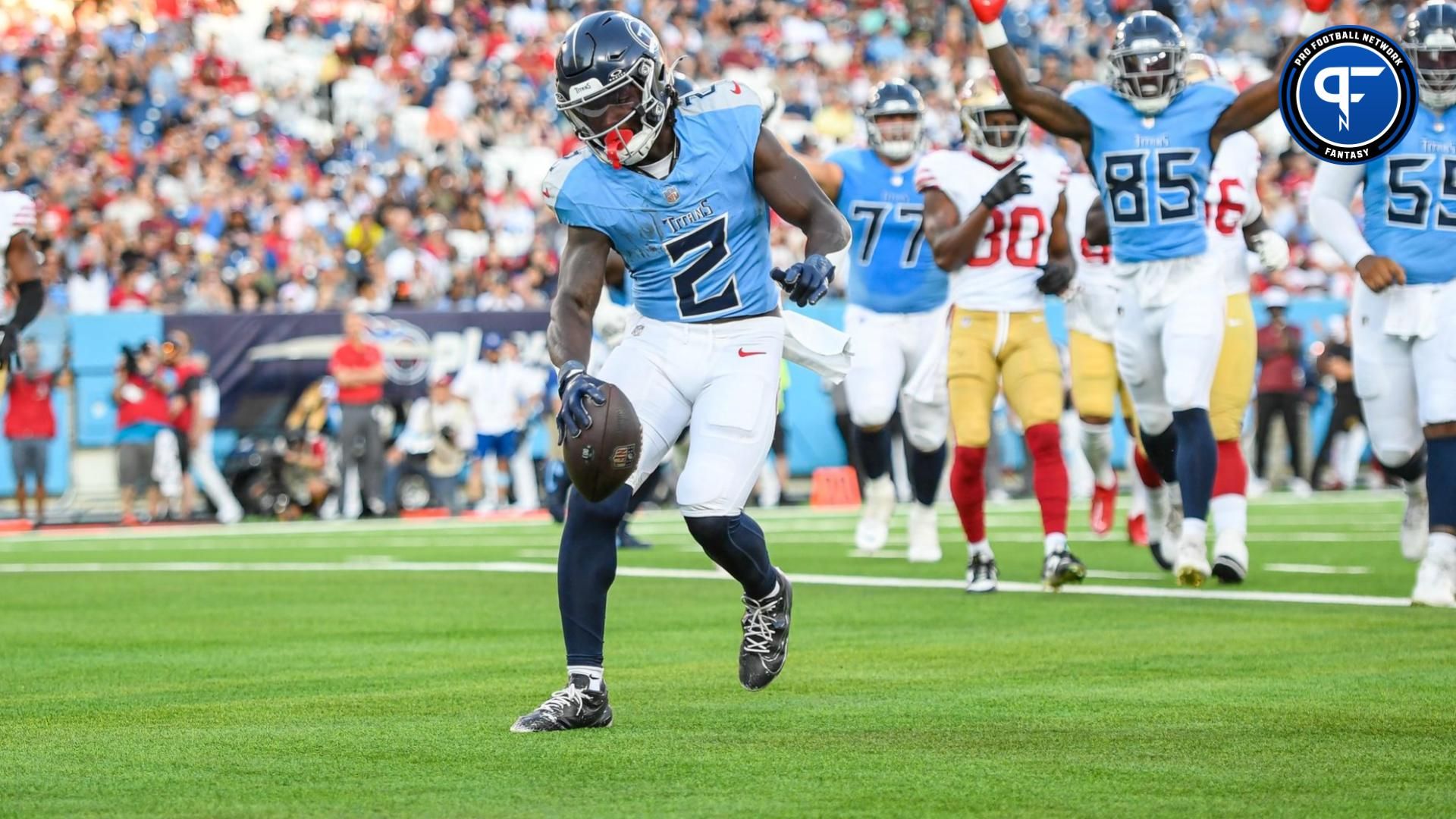 Tennessee Titans running back Tyjae Spears (2) celebrates his touchdown against the San Francisco 49ers during the first half at Nissan Stadium. Mandatory Credit: Steve Roberts-Imagn Images