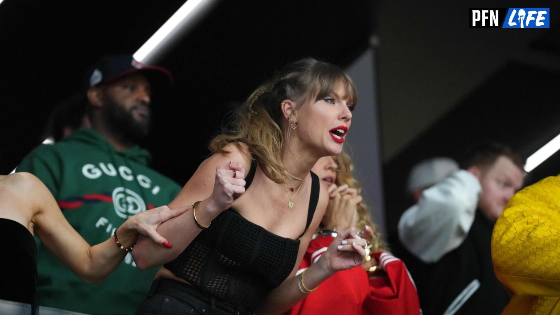 Recording artist Taylor Swift reacts during the first quarter between Kansas City Chiefs and San Francisco 49ers of Super Bowl LVIII at Allegiant Stadium. Mandatory Credit: Joe Camporeale-Imagn Images