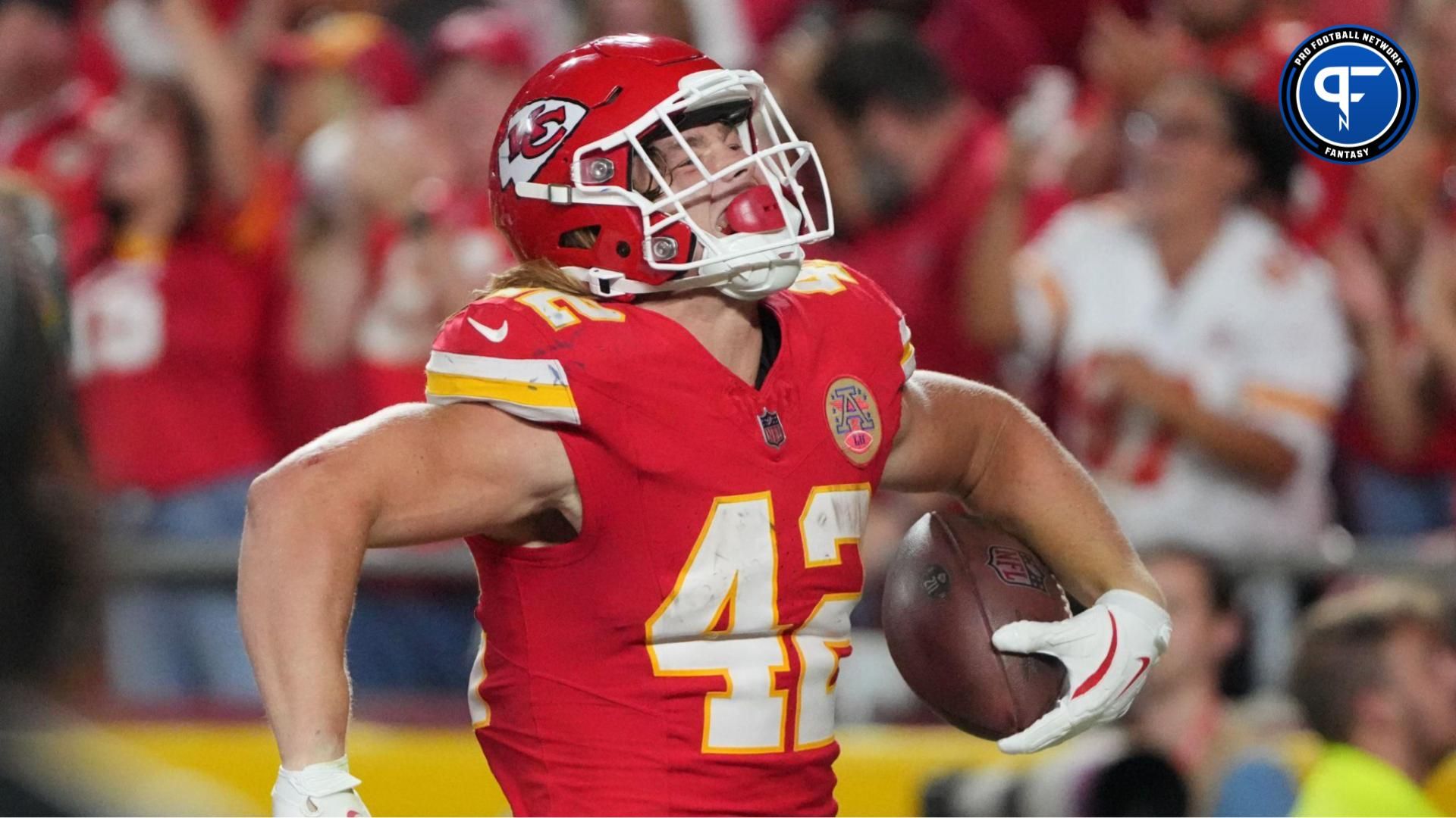 Aug 22, 2024; Kansas City, Missouri, USA; Kansas City Chiefs running back Carson Steele (42) celebrates after scoring against the Chicago Bears during the first half at GEHA Field at Arrowhead Stadium. Mandatory Credit: Denny Medley-Imagn Images