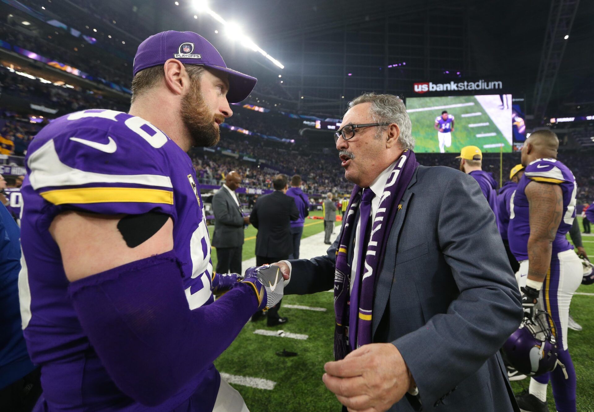 Minnesota Vikings owner Ziggy Wilf greets his players after the NFC Divisional Playoff football game against the New Orleans Saints at U.S. Bank Stadium.