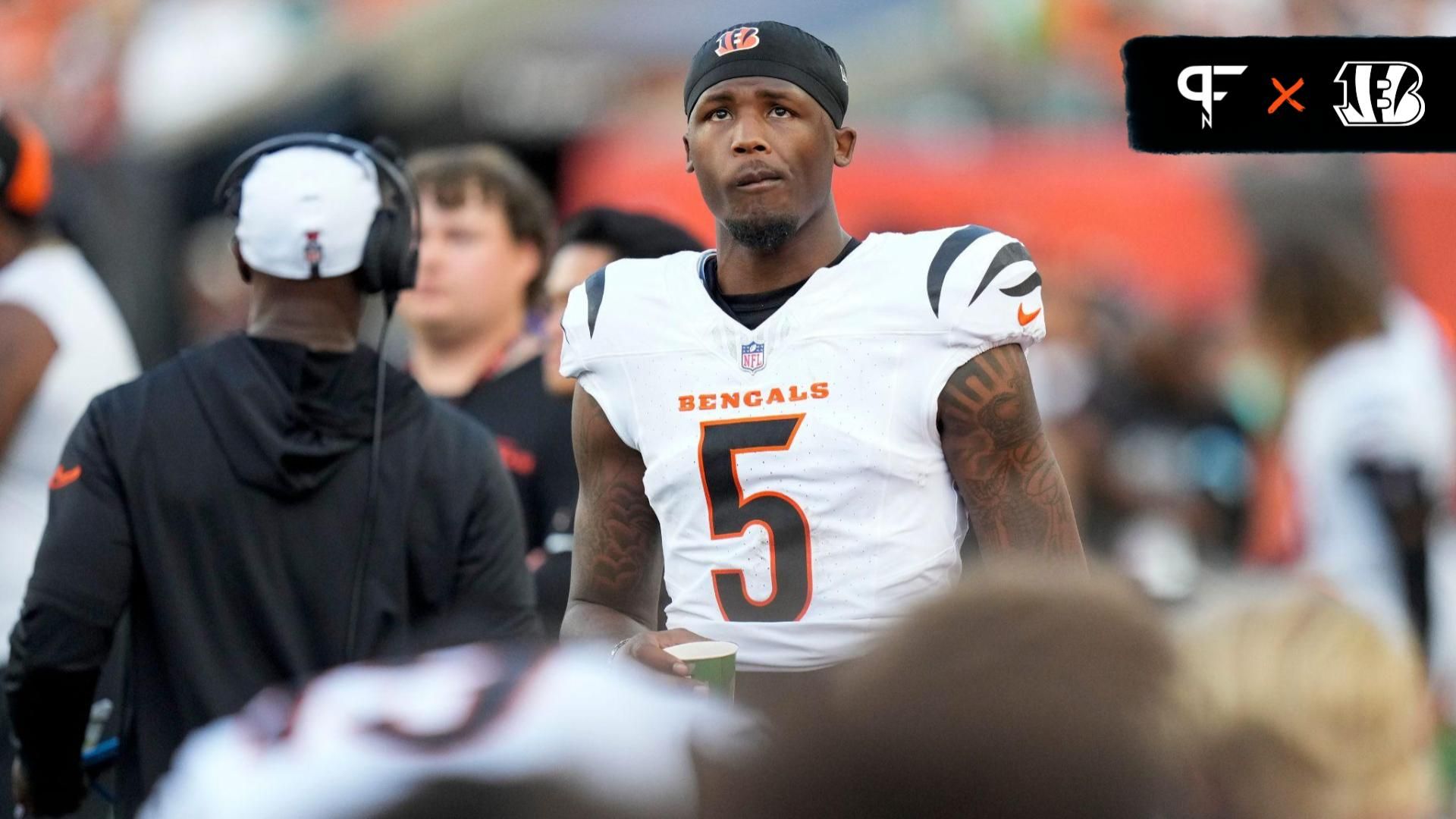 Cincinnati Bengals wide receiver Tee Higgins (5) walks the sideline in the first quarter of the NFL Preseason Week 1 game between the Cincinnati Bengals and the Tampa Bay Buccaneers at Paycor Stadium in downtown Cincinnati on Saturday, Aug. 10, 2024.