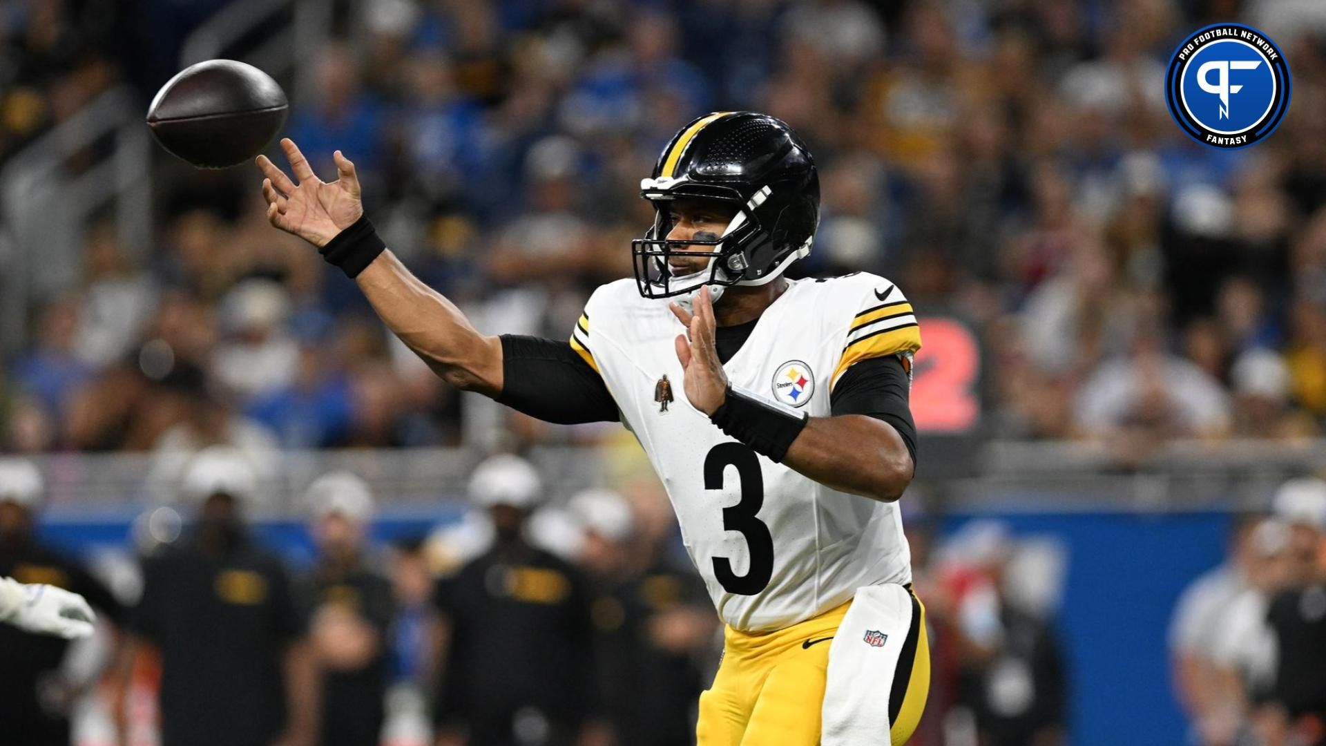 Pittsburgh Steelers quarterback Russell Wilson (3) throws a pass against the Detroit Lions in the first quarter at Ford Field. Mandatory Credit: Lon Horwedel-Imagn Images