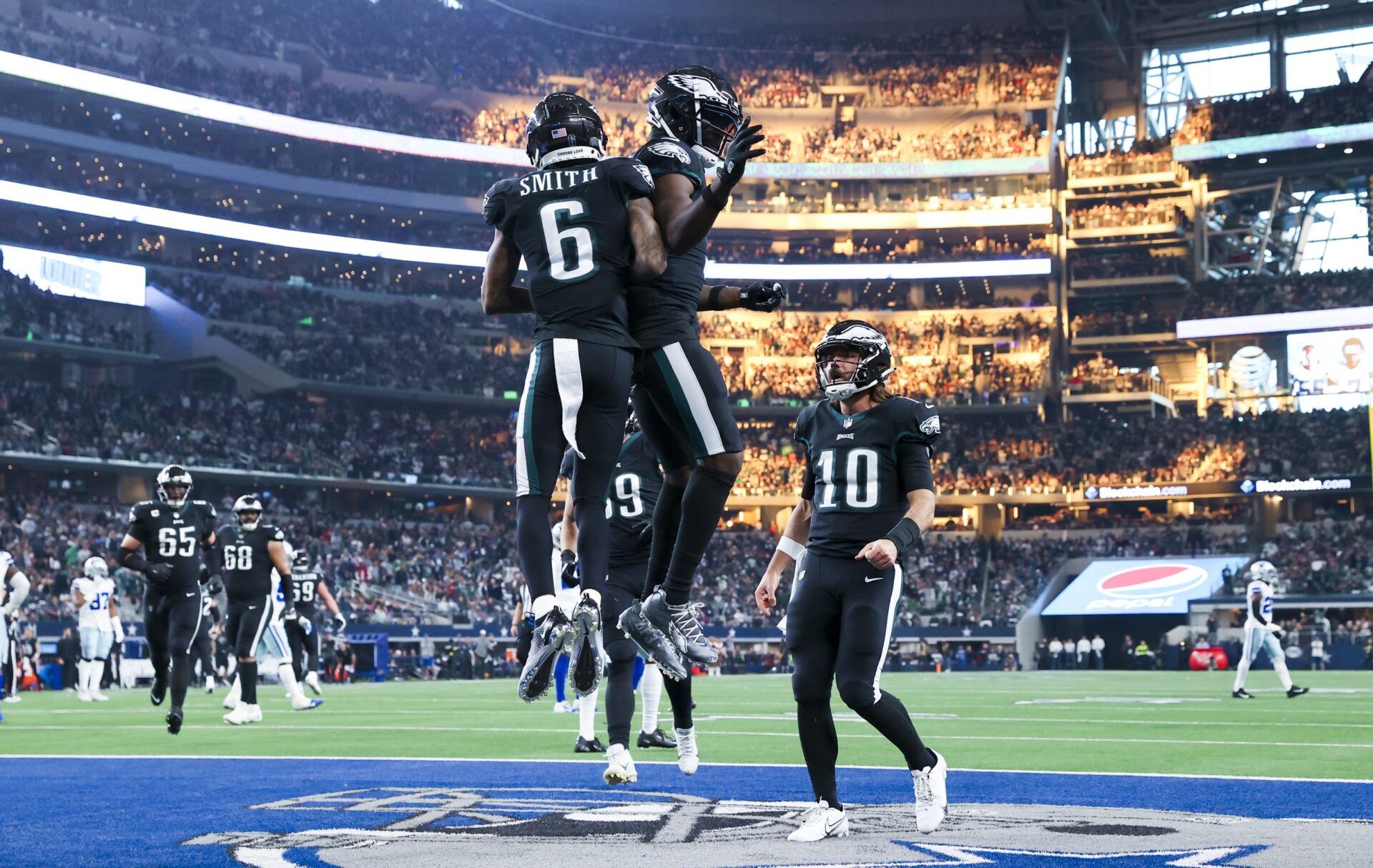 Philadelphia Eagles wide receiver DeVonta Smith (6) celebrates with teammates after catching a touchdown pass during the second half against the Dallas Cowboys at AT&T Stadium. Mandatory Credit: Kevin Jairaj-USA TODAY Sports