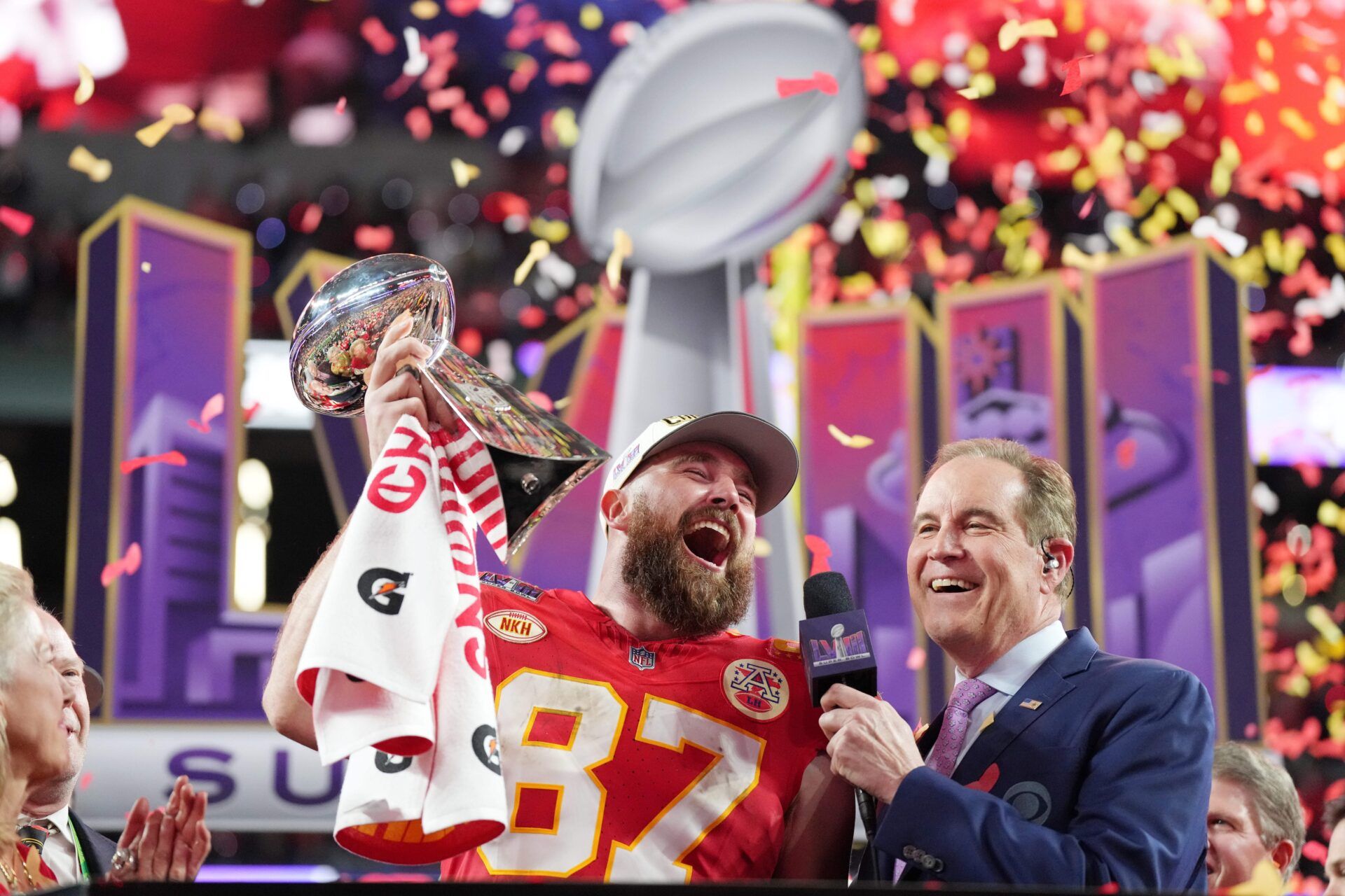 Kansas City Chiefs tight end Travis Kelce (87) celebrates while being interviewed by CBS commentator Jim Nantz after winning Super Bowl LVIII against the San Francisco 49ers at Allegiant Stadium. Mandatory Credit: Kirby Lee-USA TODAY Sports