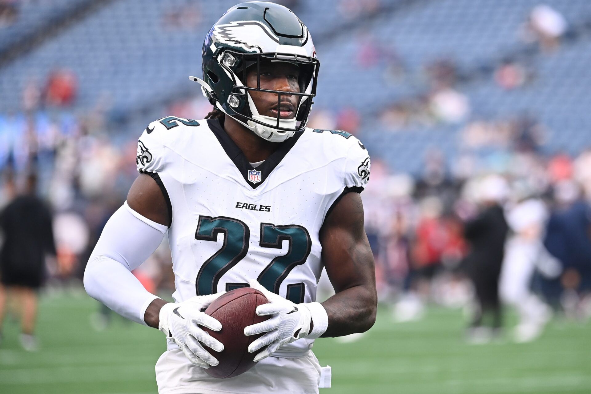 Philadelphia Eagles cornerback Kelee Ringo (22) warms up before a game against the New England Patriots at Gillette Stadium. Mandatory Credit: Eric Canha-USA TODAY Sports