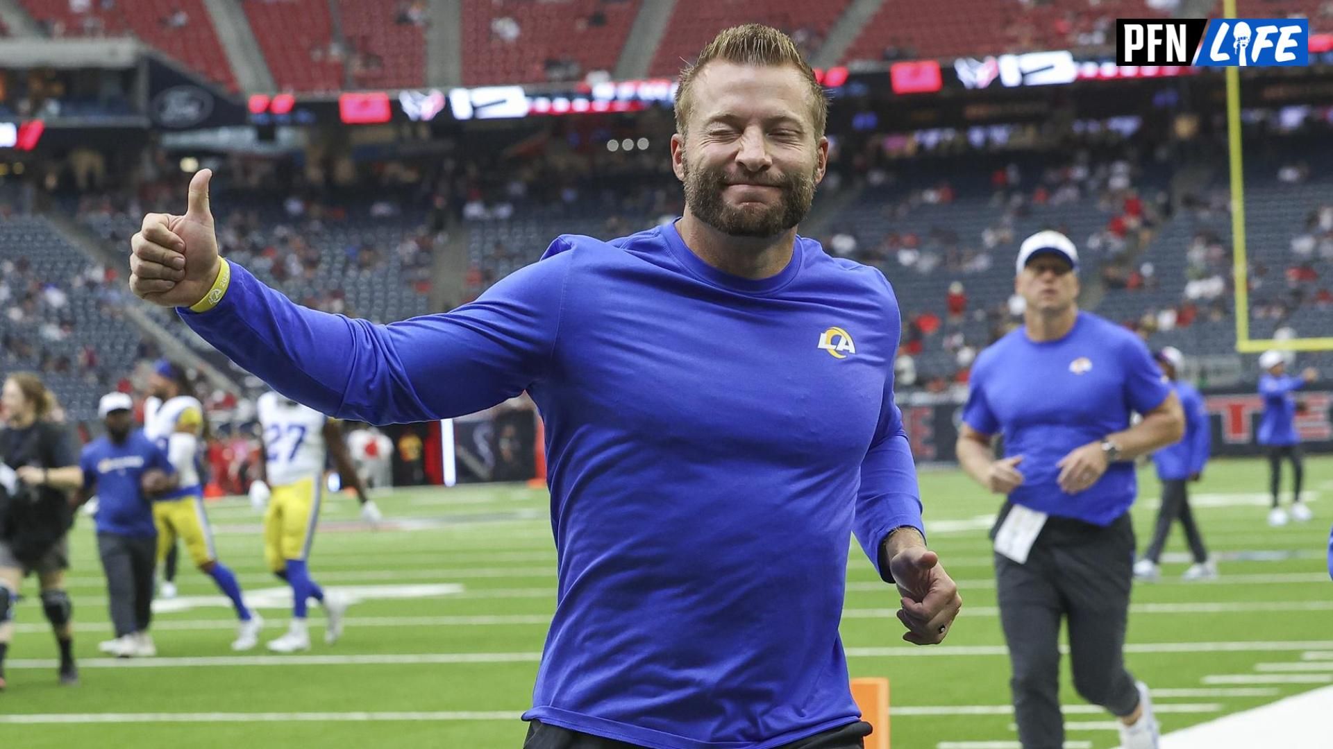 Los Angeles Rams head coach Sean McVay gives a thumbs up to fans before the game against the Houston Texans at NRG Stadium. Mandatory Credit: Troy Taormina-Imagn Images