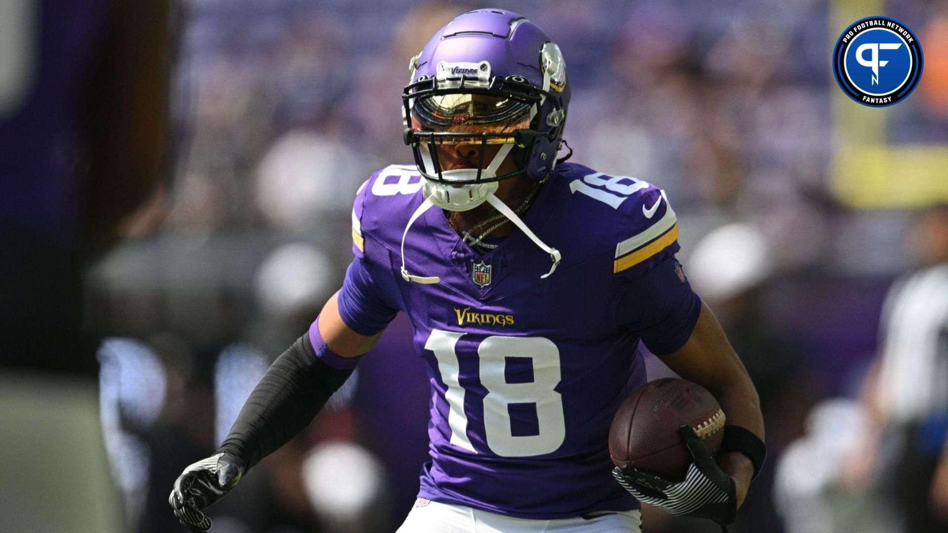 Minnesota Vikings wide receiver Justin Jefferson (18) warms up before the game against the Las Vegas Raiders at U.S. Bank Stadium.