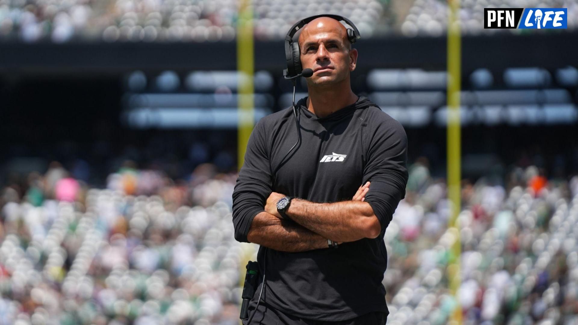 New York Jets heads coach Robert Saleh walks the sideline during the second quarter against the Washington Commanders at MetLife Stadium. Mandatory Credit: Lucas Boland-Imagn Images