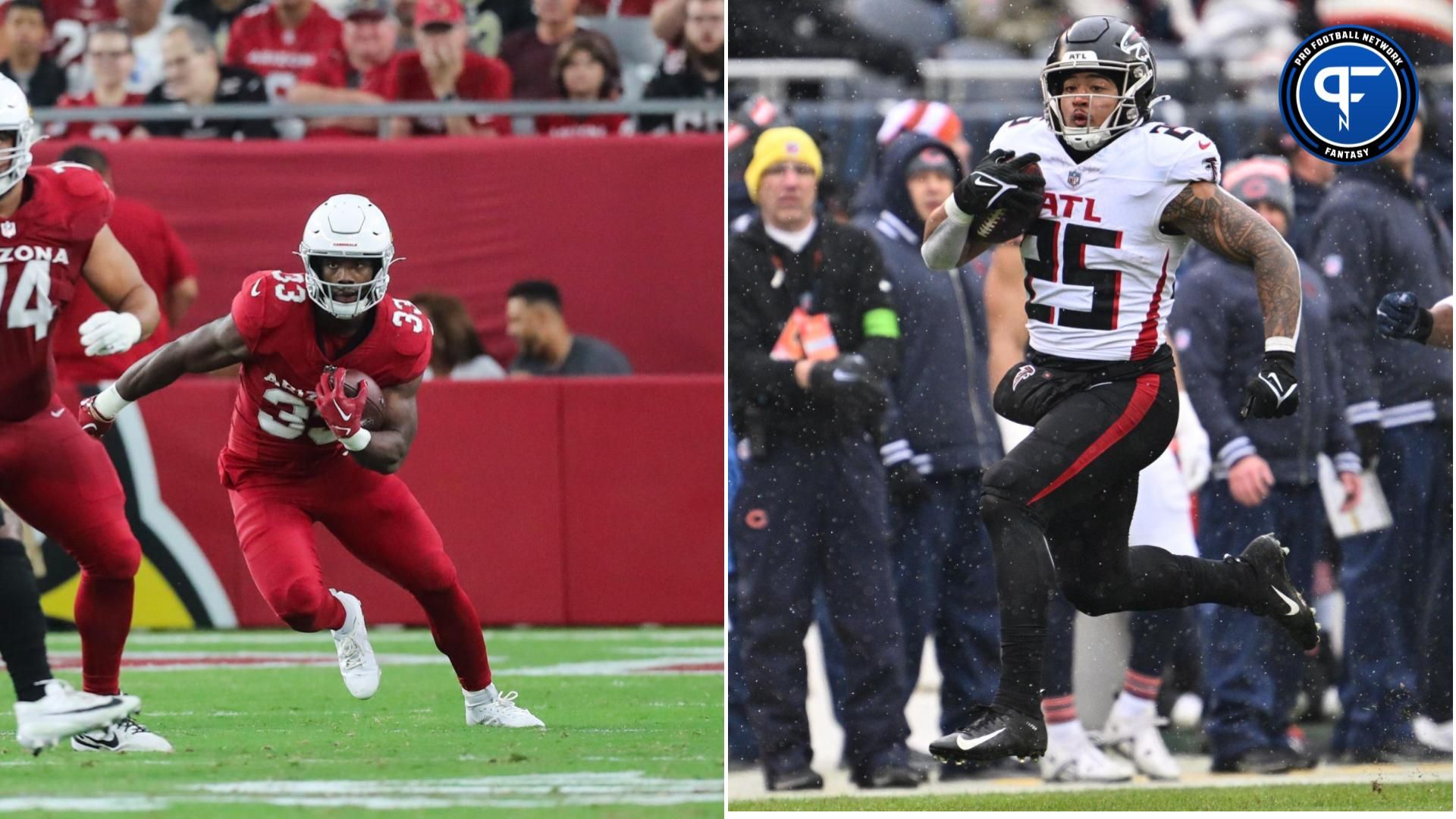 (Left) Arizona Cardinals running back Trey Benson )33) runs with the ball during a preseason game on Aug. 10, 2024 at State Farm Stadium in Glendale. © Owen Ziliak/The Republic / USA TODAY NETWORK (Right) Dec 31, 2023; Chicago, Illinois, USA; Atlanta Falcons running back Tyler Allgeier (25) takes off on a 75-yard touchdown catch in the first half against the Chicago Bears at Soldier Field. Mandatory Credit: Jamie Sabau-Imagn Images