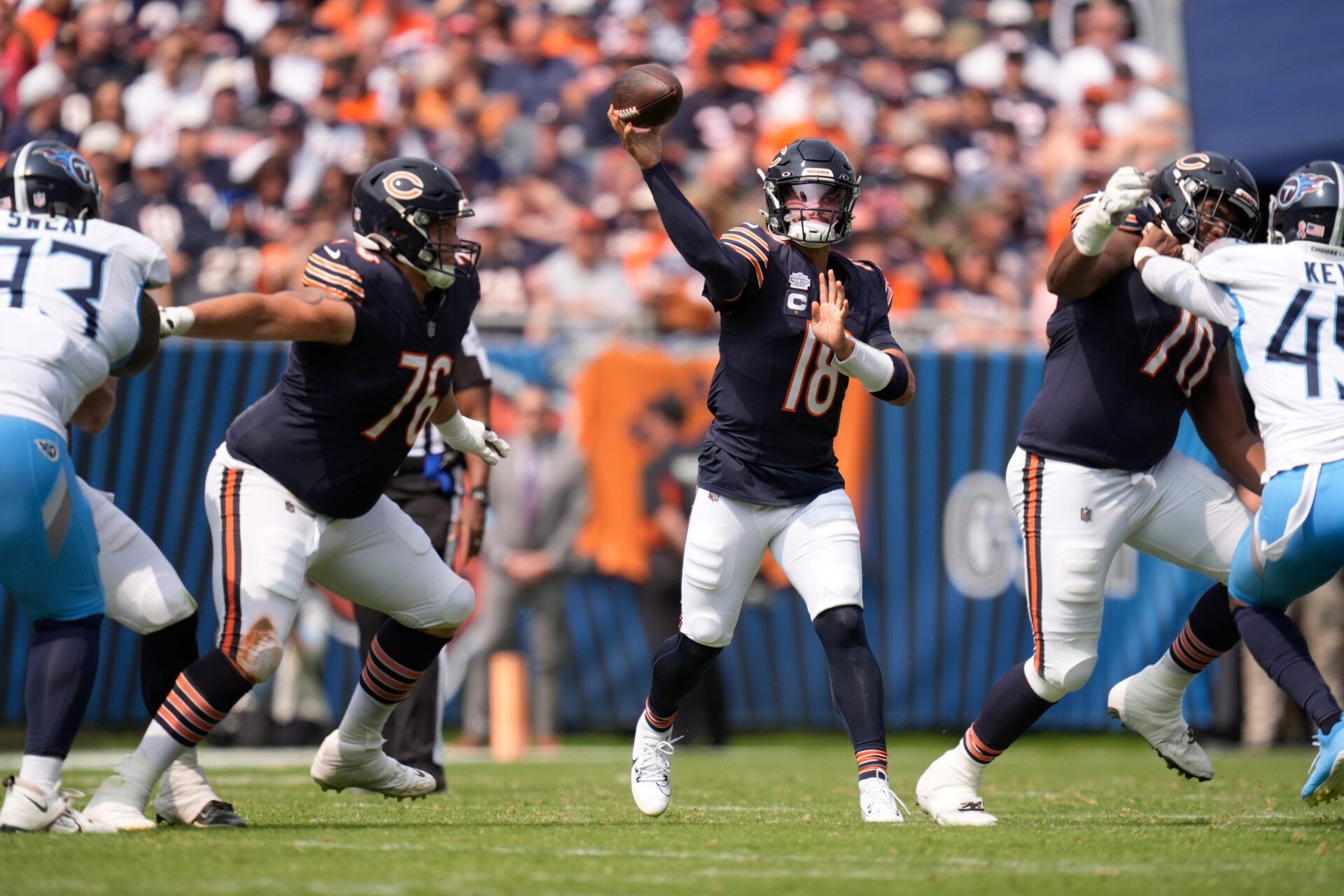 Chicago Bears quarterback Caleb Williams (18) throws against the Tennessee Titans in the second quarter at Soldier Field in Chicago, Ill., Sunday, Sept. 8, 2024.