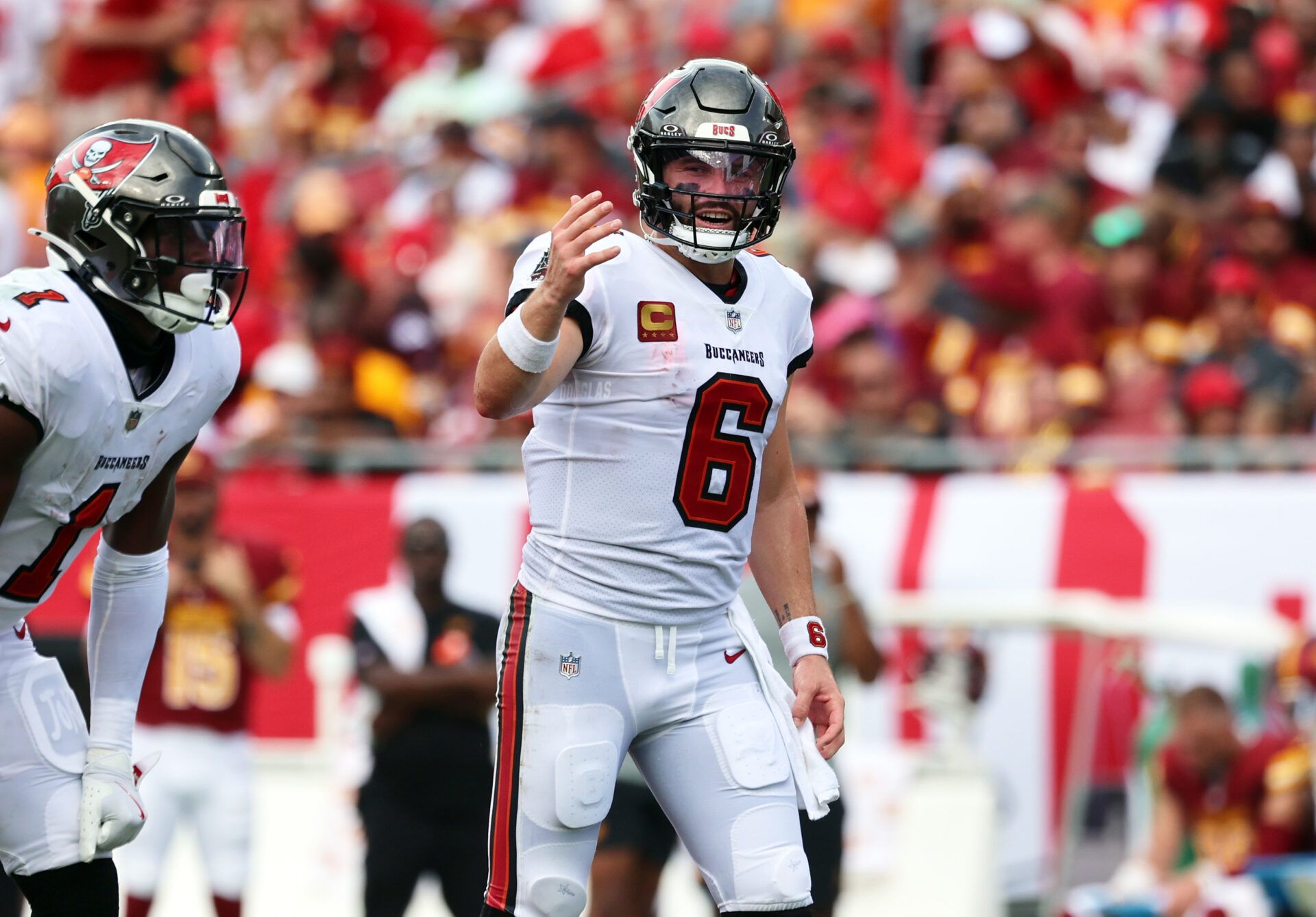 Sep 8, 2024; Tampa, Florida, USA; Tampa Bay Buccaneers quarterback Baker Mayfield (6) calls a play against the Washington Commanders during the first half at Raymond James Stadium. Mandatory Credit: Kim Klement Neitzel-Imagn Images