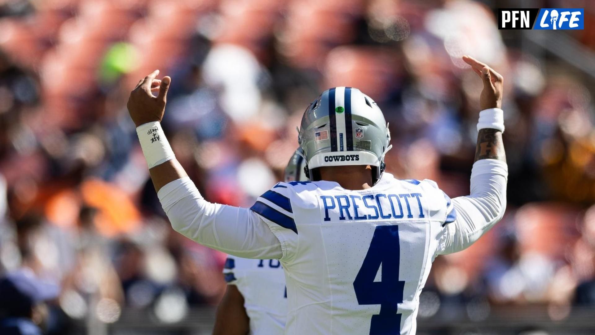 Dallas Cowboys quarterback Dak Prescott (4) warms up before the game against the Cleveland Browns at Huntington Bank Field. Mandatory Credit: Scott Galvin-Imagn Images