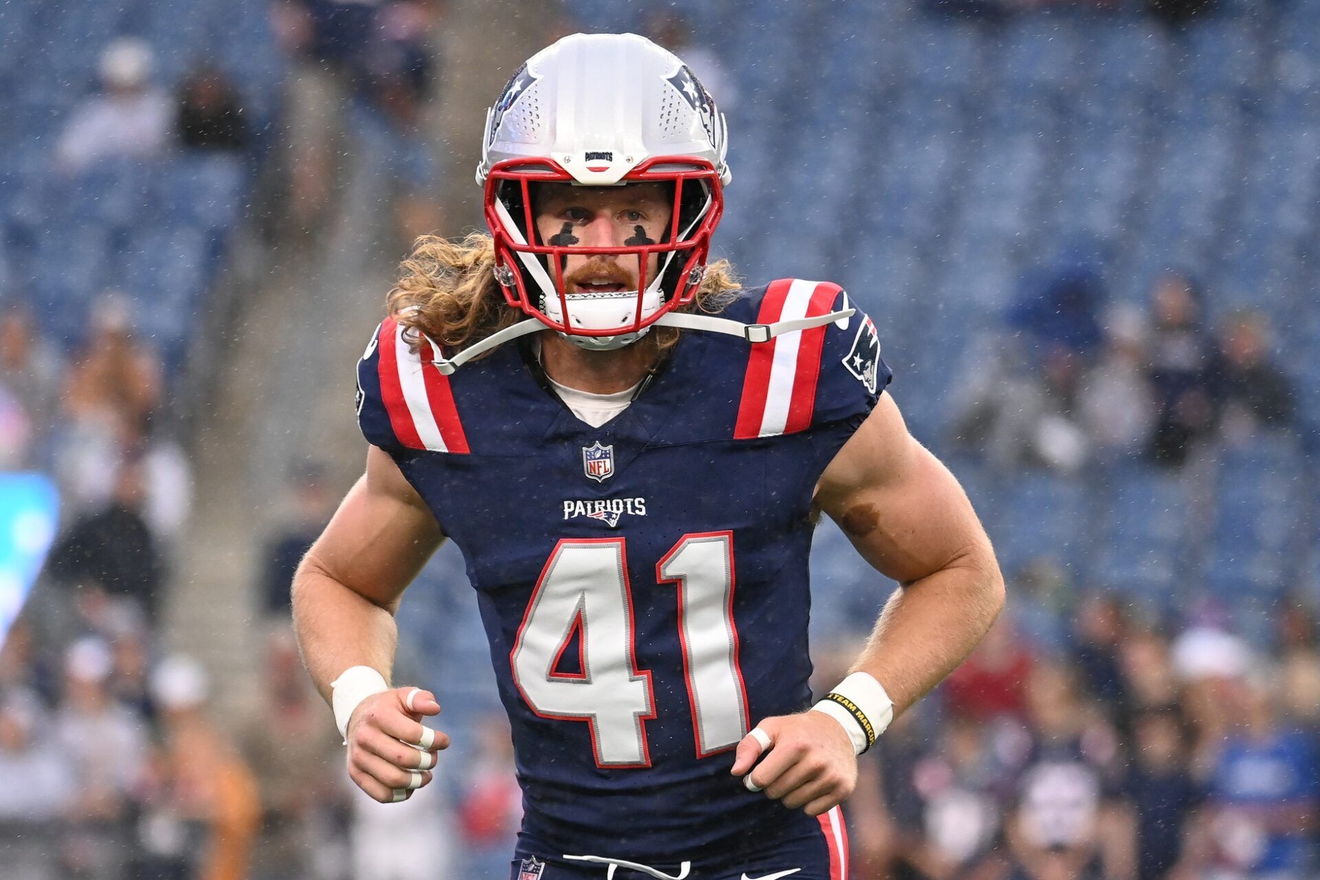 New England Patriots safety Brenden Schooler (41) warms up before a game against the Carolina Panthers at Gillette Stadium. Mandatory Credit: Eric Canha-USA TODAY Sports