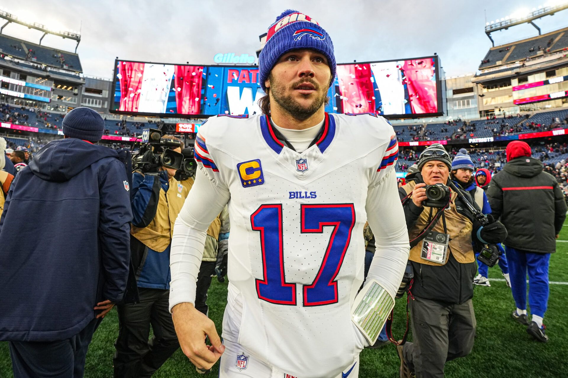 Jan 5, 2025; Foxborough, Massachusetts, USA; Buffalo Bills quarterback Josh Allen (17) on the field after the game against the New England Patriots at Gillette Stadium. Mandatory Credit: David Butler II-Imagn Images