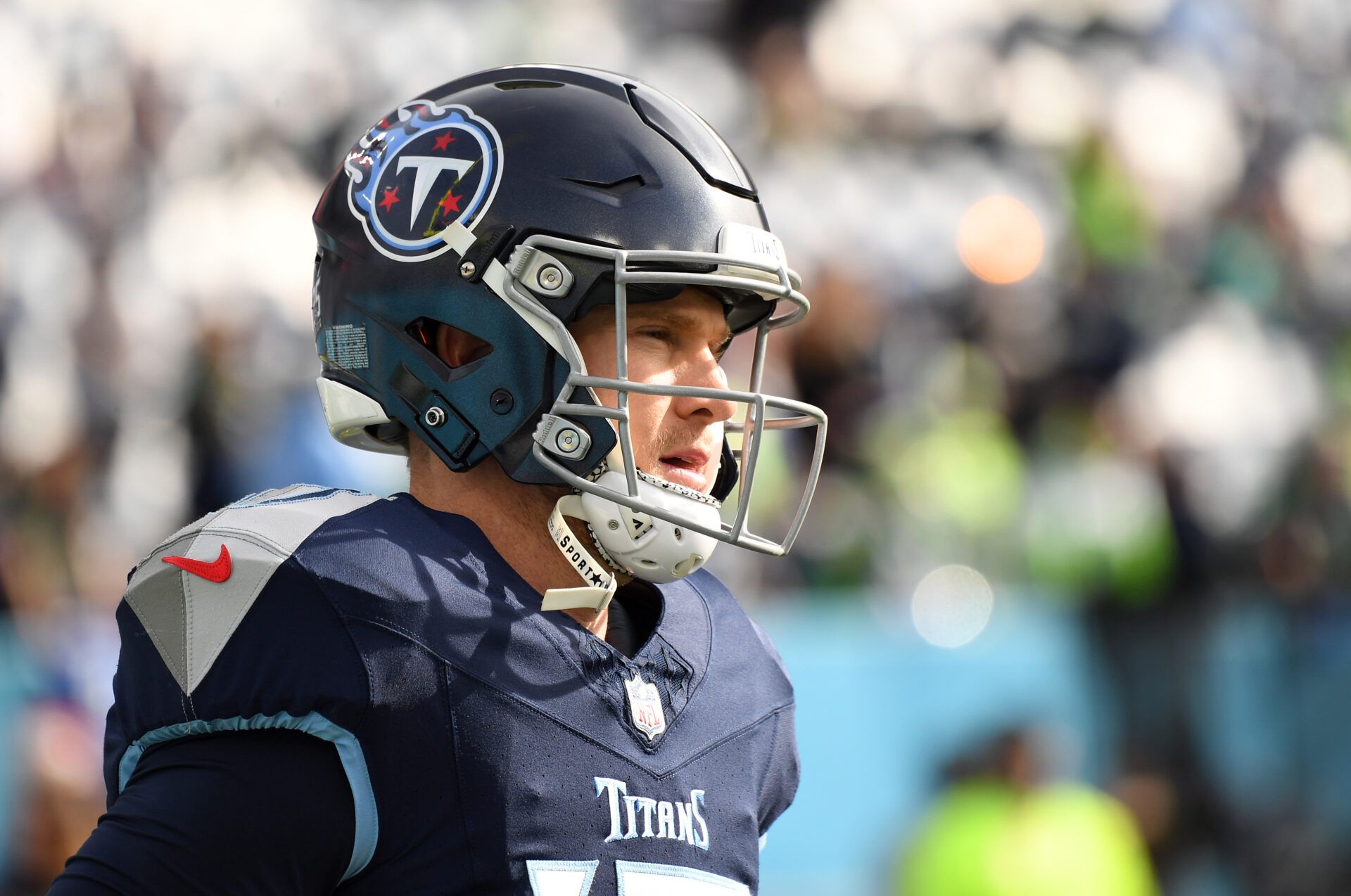 Dec 24, 2023; Nashville, Tennessee, USA; Tennessee Titans quarterback Ryan Tannehill (17) warms up before the game against the Seattle Seahawks at Nissan Stadium. Mandatory Credit: Christopher Hanewinckel-USA TODAY Sports