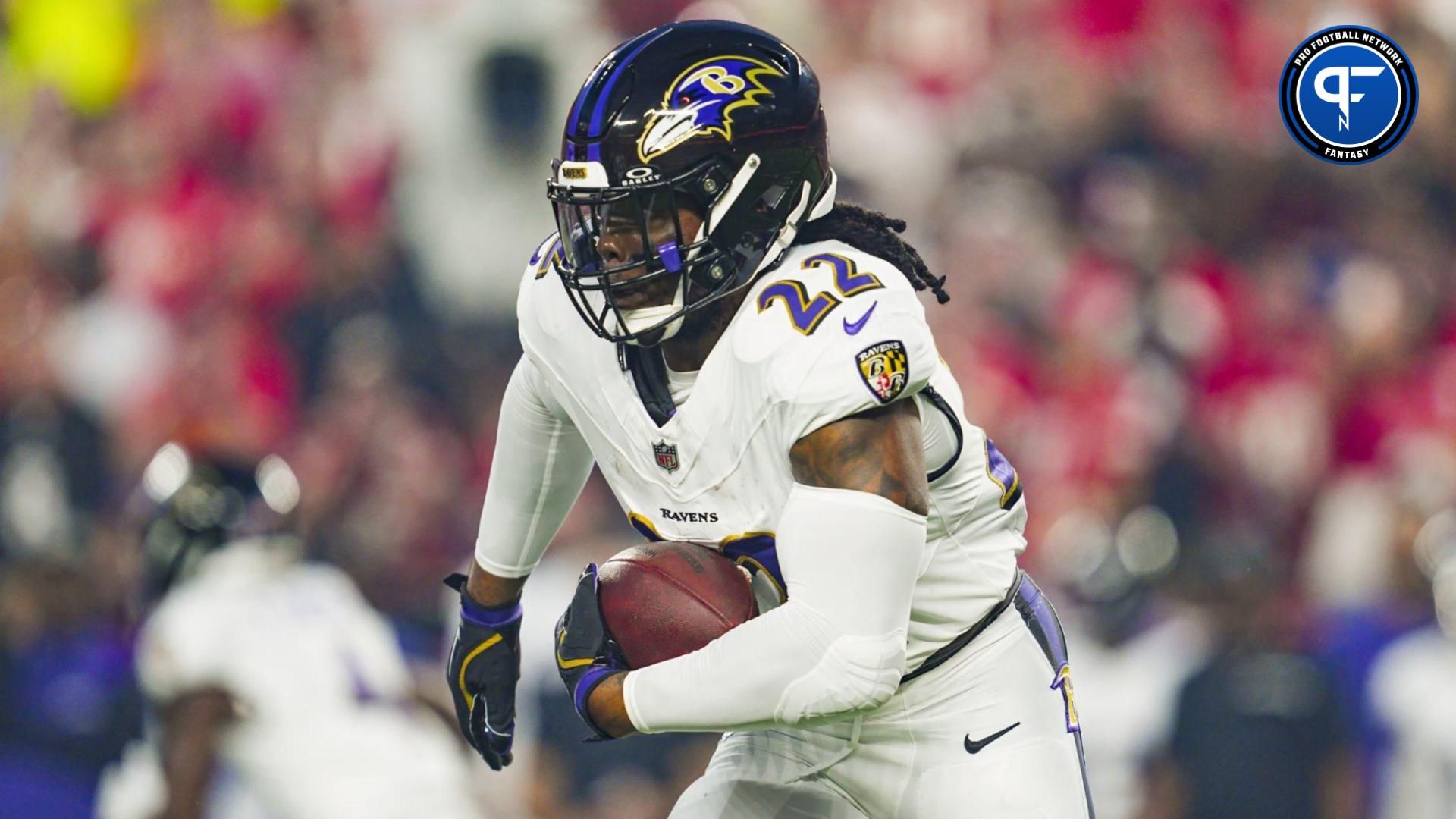 Baltimore Ravens running back Derrick Henry (22) runs the ball during the first half against the Kansas City Chiefs at GEHA Field at Arrowhead Stadium. Mandatory Credit: Jay Biggerstaff-Imagn Images