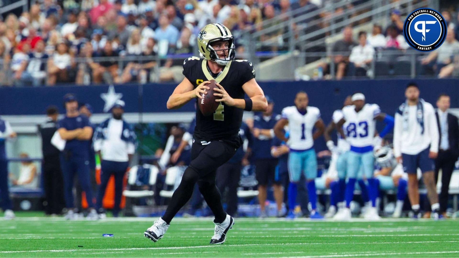 New Orleans Saints quarterback Derek Carr (4) throws during the second half against the Dallas Cowboys at AT&T Stadium. Where does he stand among our quarterback streamers?