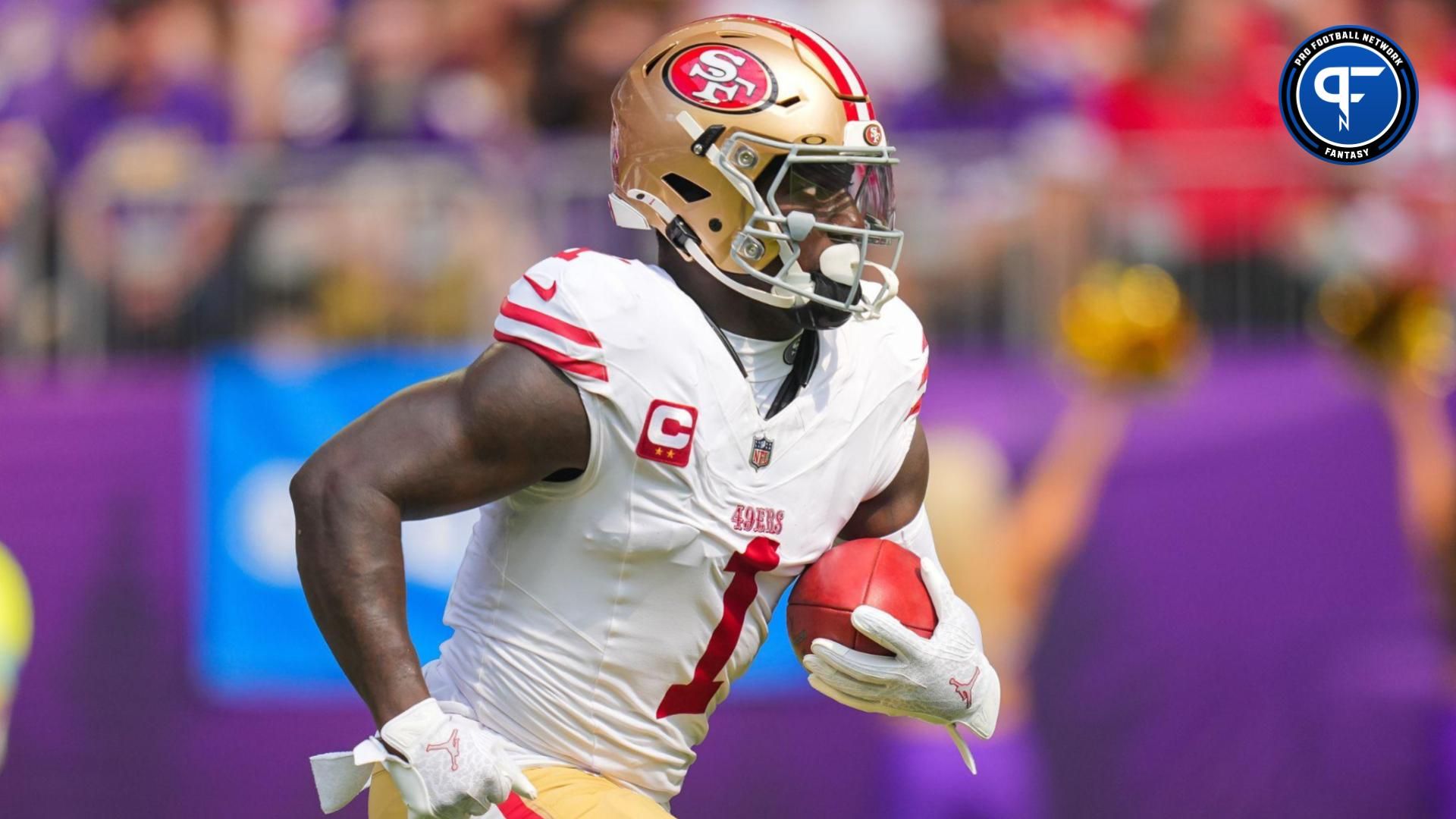 San Francisco 49ers wide receiver Deebo Samuel Sr. (1) runs back a kick against the Minnesota Vikings in the first quarter at U.S. Bank Stadium. Mandatory Credit: Brad Rempel-Imagn Images