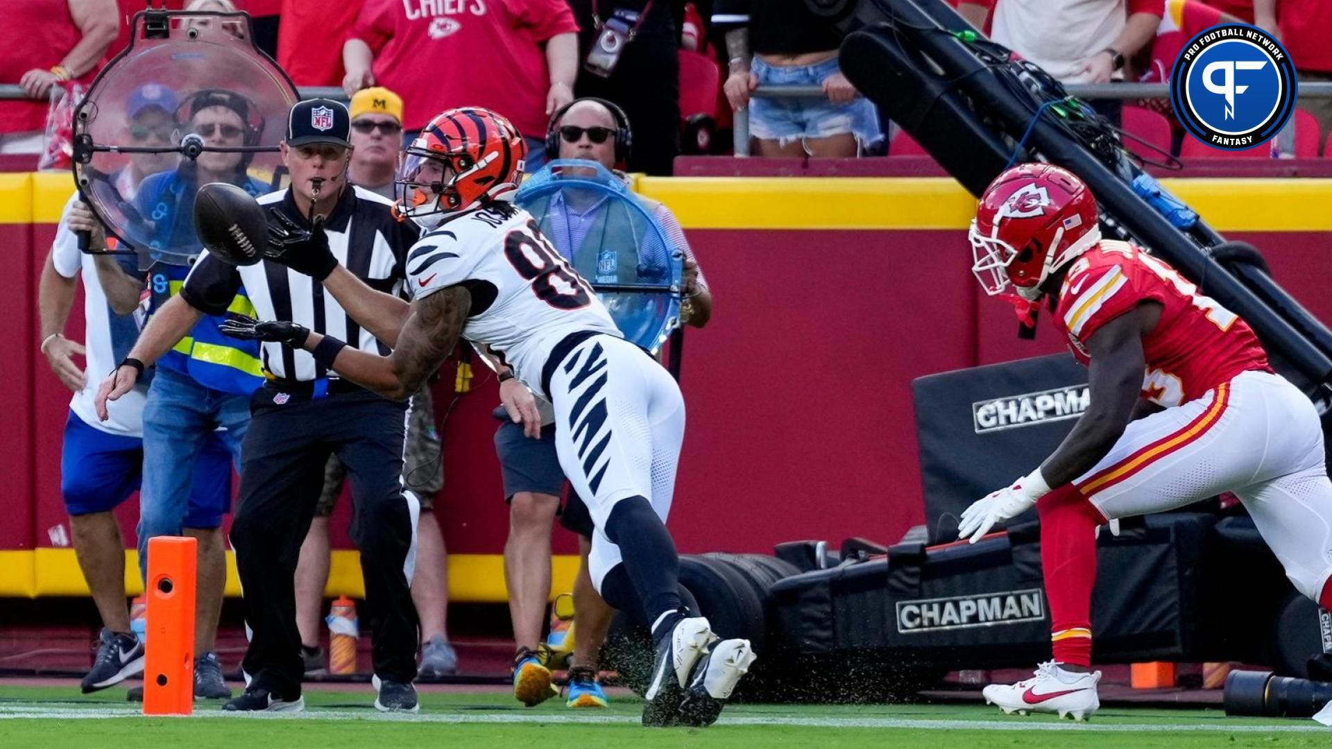 Cincinnati Bengals wide receiver Andrei Iosivas (80) catches a pass for a touchdown in the second quarter of the NFL Week 2 game between the Kansas City Chiefs and the Cincinnati Bengals at Arrowhead Stadium in Kansas City on Sunday, Sept. 15, 2024. The Bengals led 16-10 at halftime.