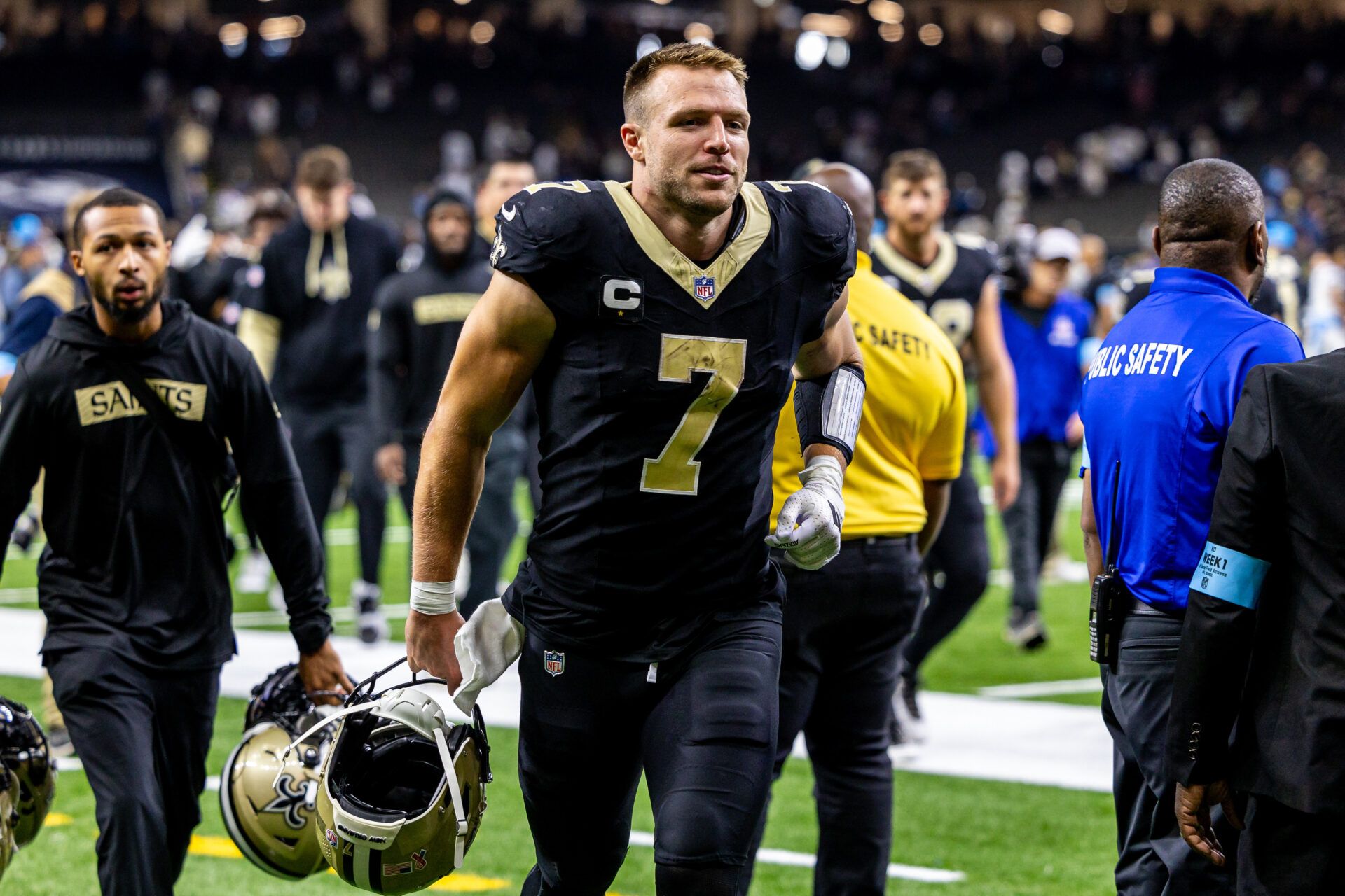 Sep 8, 2024; New Orleans, Louisiana, USA; New Orleans Saints quarterback Taysom Hill (7) heads to the locker room after the game against the Carolina Panthers at Caesars Superdome. Mandatory Credit: Stephen Lew-Imagn Images