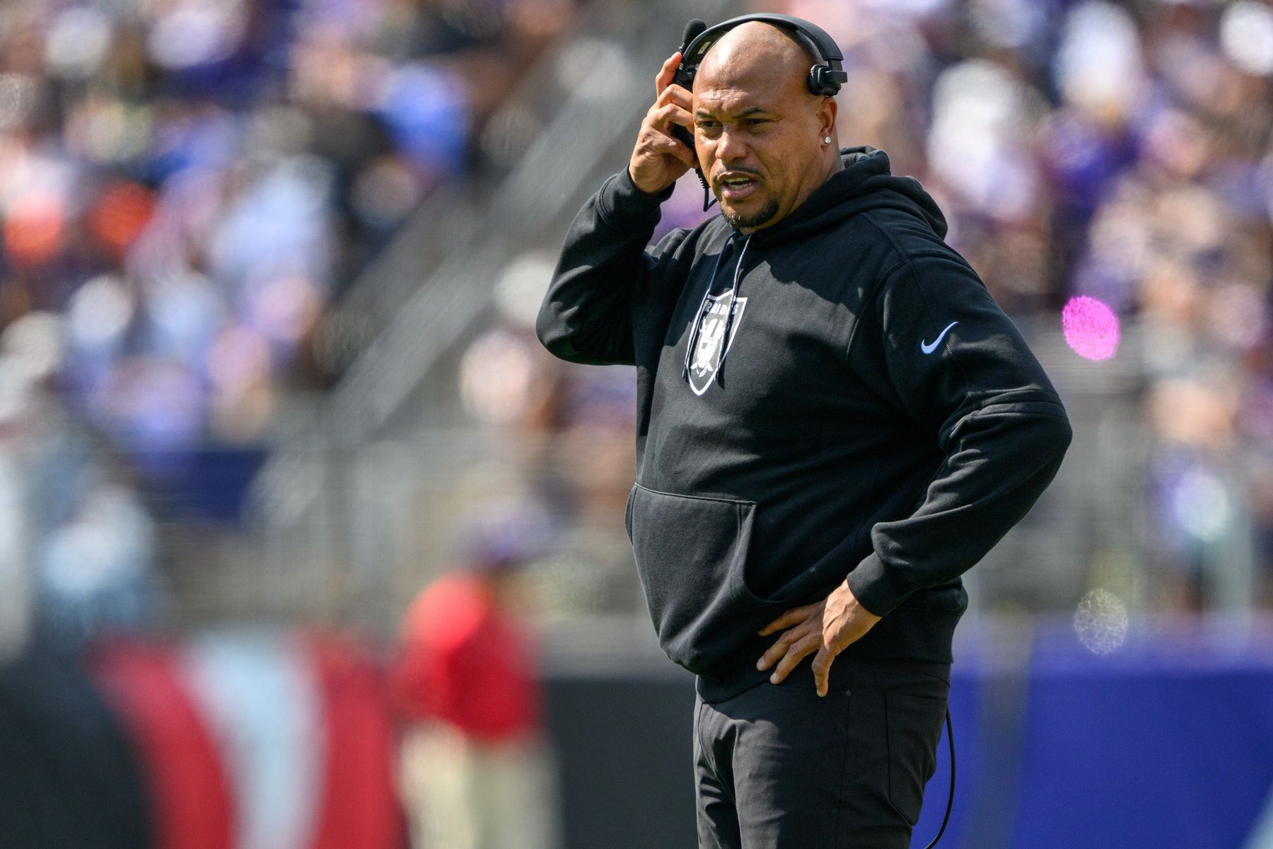 Las Vegas Raiders head coach Antonio Pierce looks on from the sideline during the first half against the Baltimore Ravens at M&T Bank Stadium.