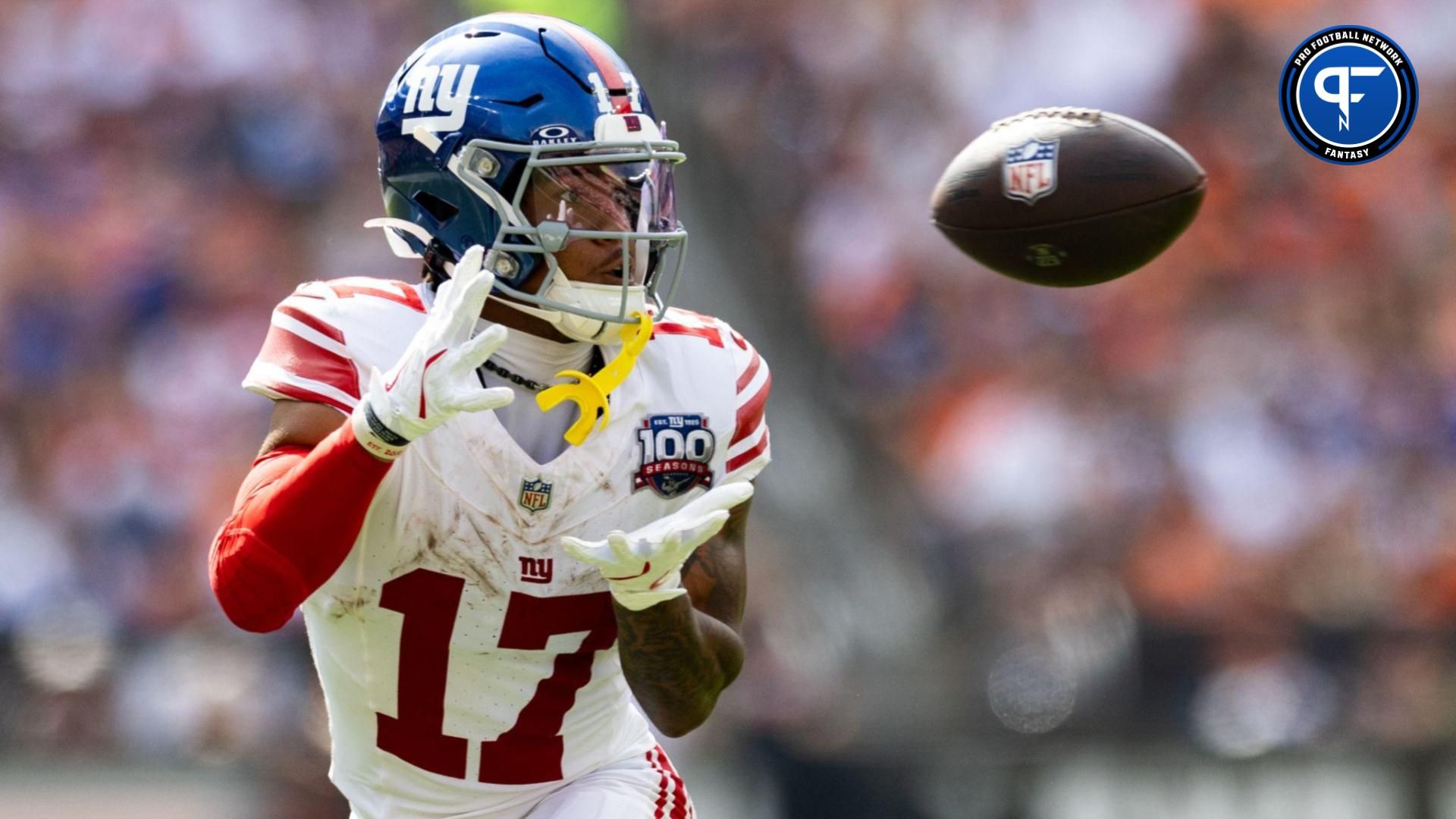 Sep 22, 2024; Cleveland, Ohio, USA; New York Giants wide receiver Wan'Dale Robinson (17) catches a pass during the third quarter against the Cleveland Browns at Huntington Bank Field. Mandatory Credit: Scott Galvin-Imagn Images