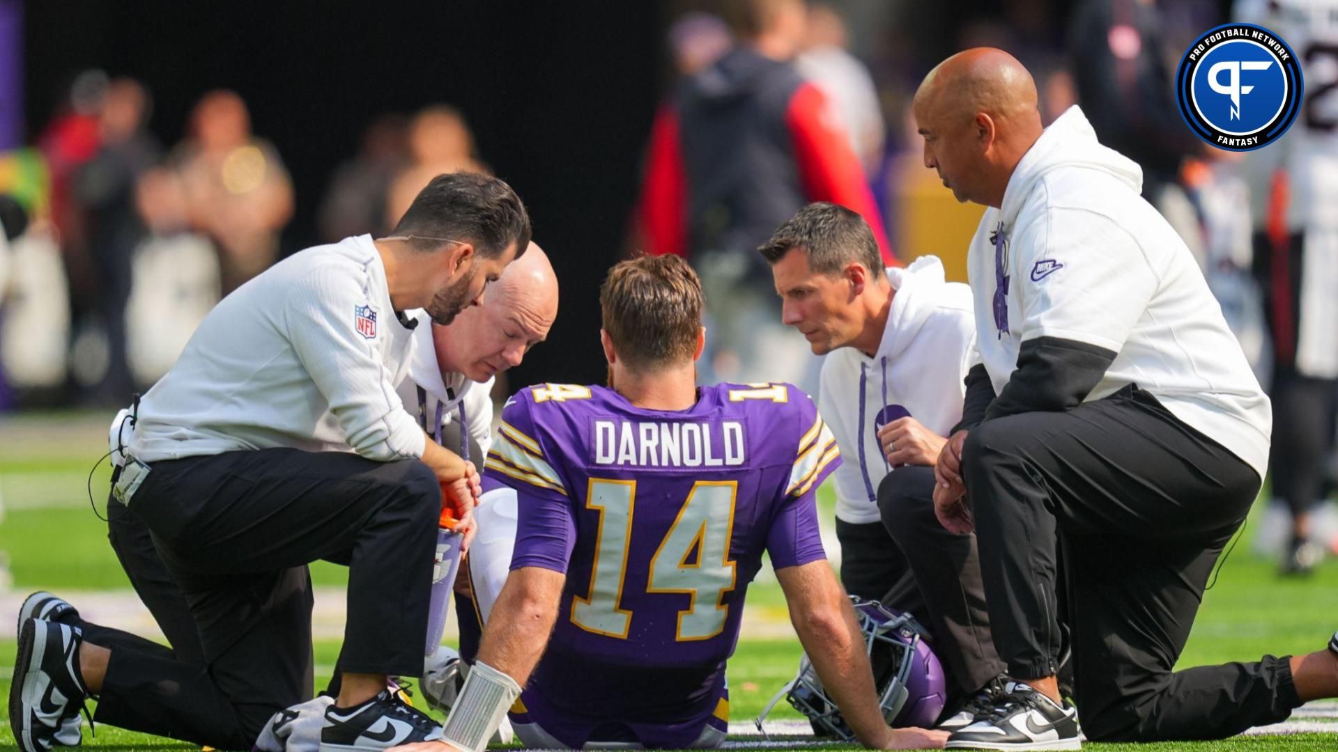 Minnesota Vikings quarterback Sam Darnold (14) is injured against the Houston Texans in the third quarter at U.S. Bank Stadium.