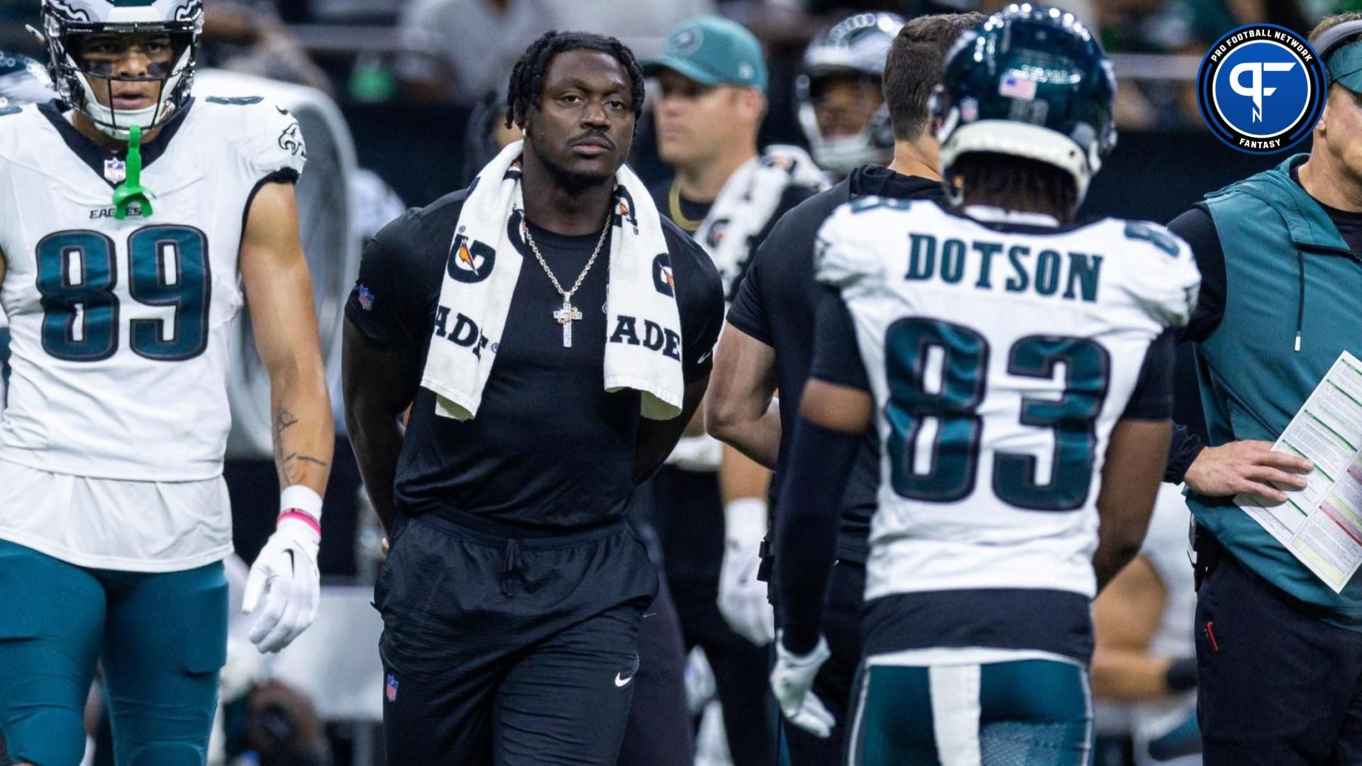 Philadelphia Eagles wide receiver A.J. Brown (11) in street clothes due to injury looks on against the New Orleans Saints during the first half at Caesars Superdome.