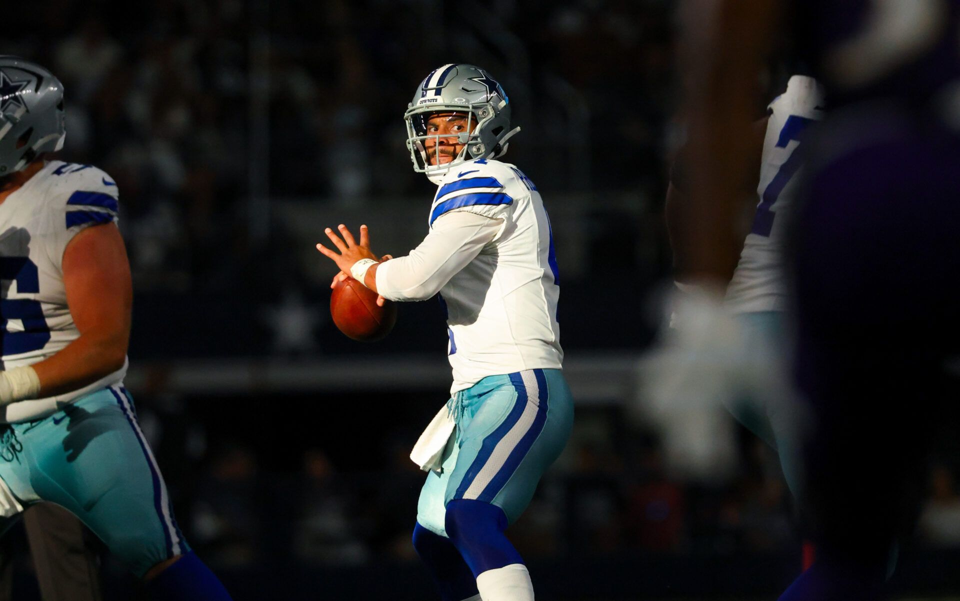 Sep 22, 2024; Arlington, Texas, USA; Dallas Cowboys quarterback Dak Prescott (4) throws during the second half against the Baltimore Ravens at AT&T Stadium. Mandatory Credit: Kevin Jairaj-Imagn Images