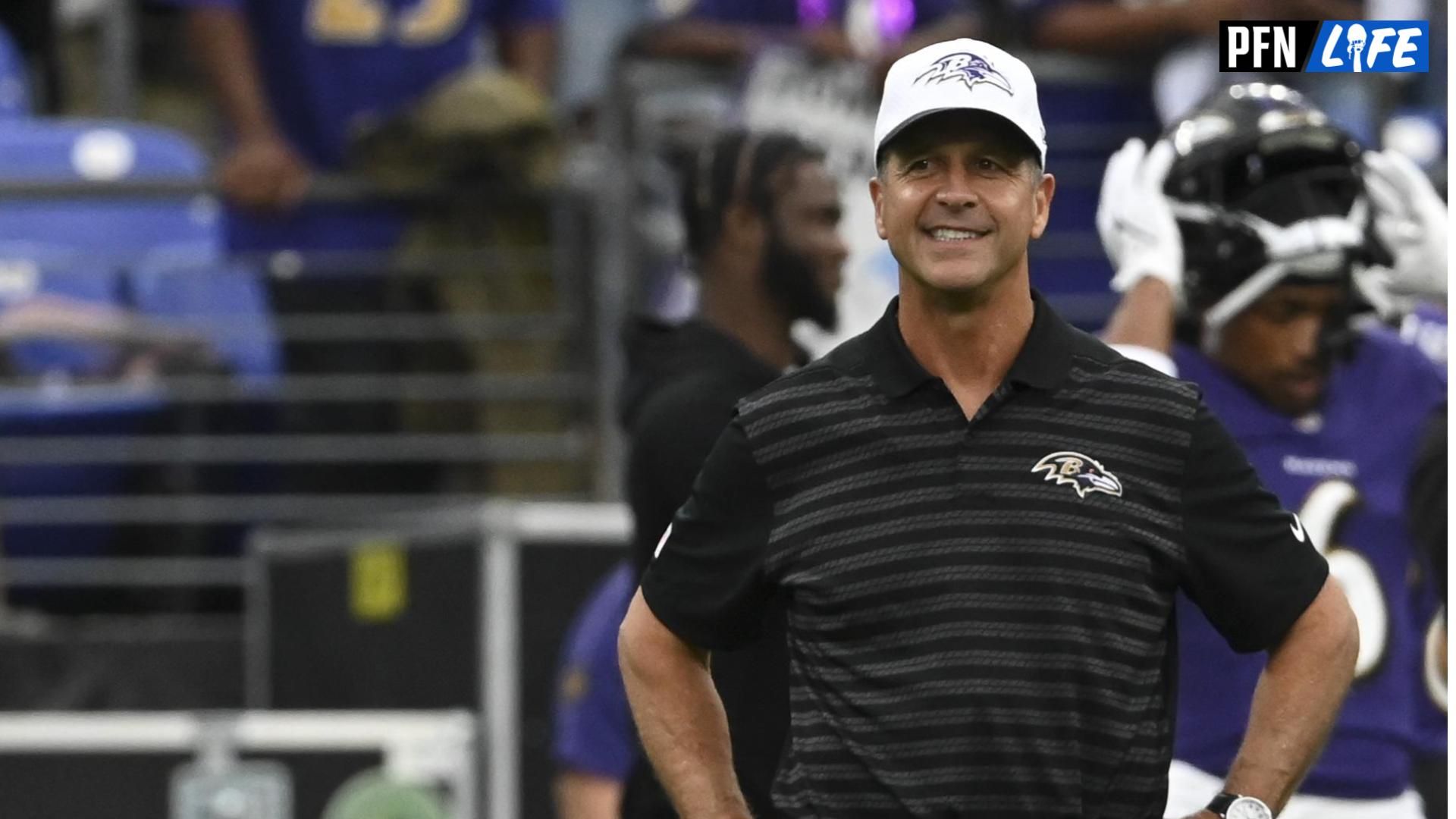 Aug 9, 2024; Baltimore, Maryland, USA; Baltimore Ravens head coach John Harbaugh stands on the field before a preseason game against the Philadelphia Eagles at M&T Bank Stadium. Mandatory Credit: Tommy Gilligan-USA TODAY Sports